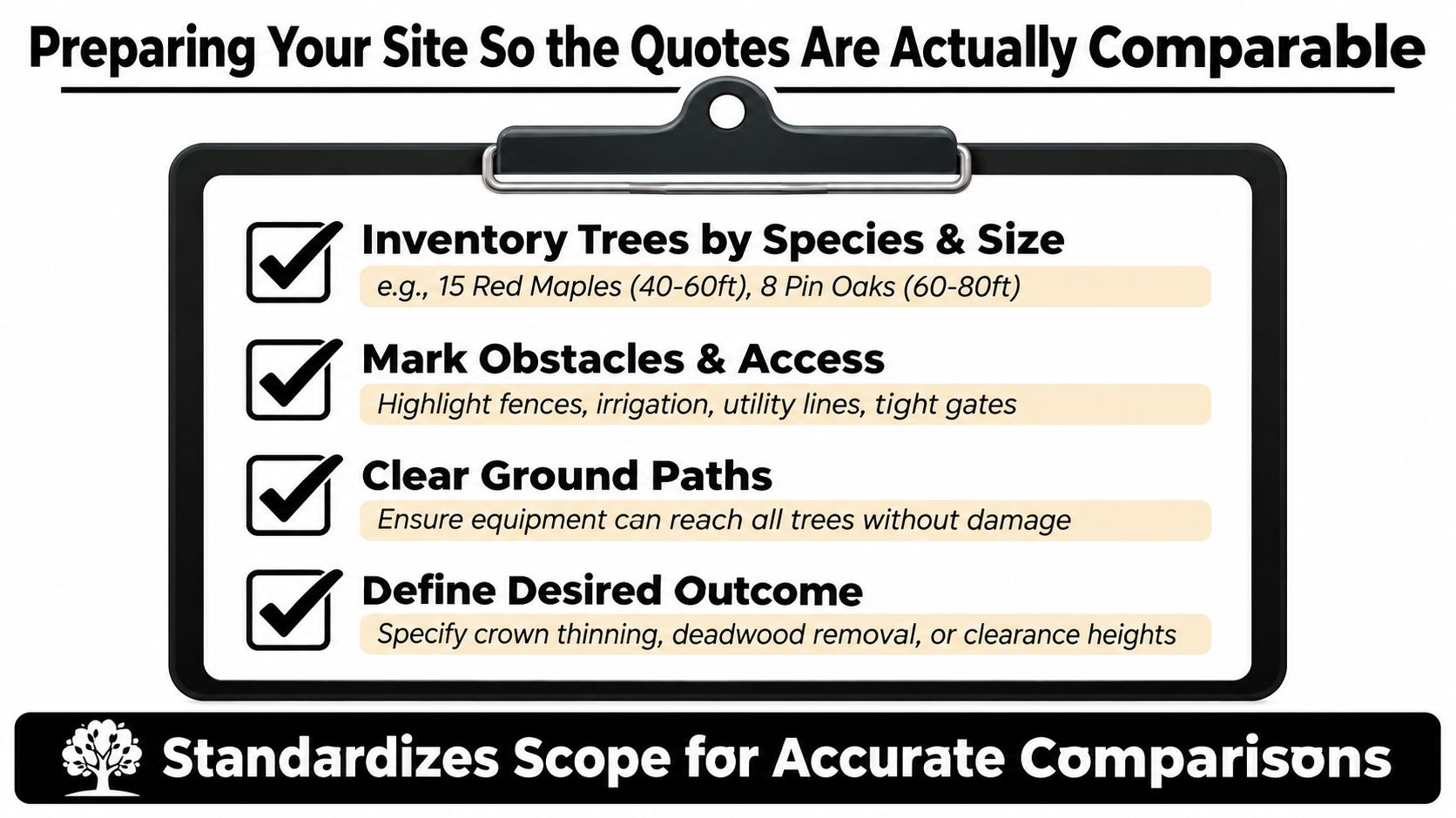 A clipboard graphic outlining four steps to prepare a property for accurate tree service price quotes.