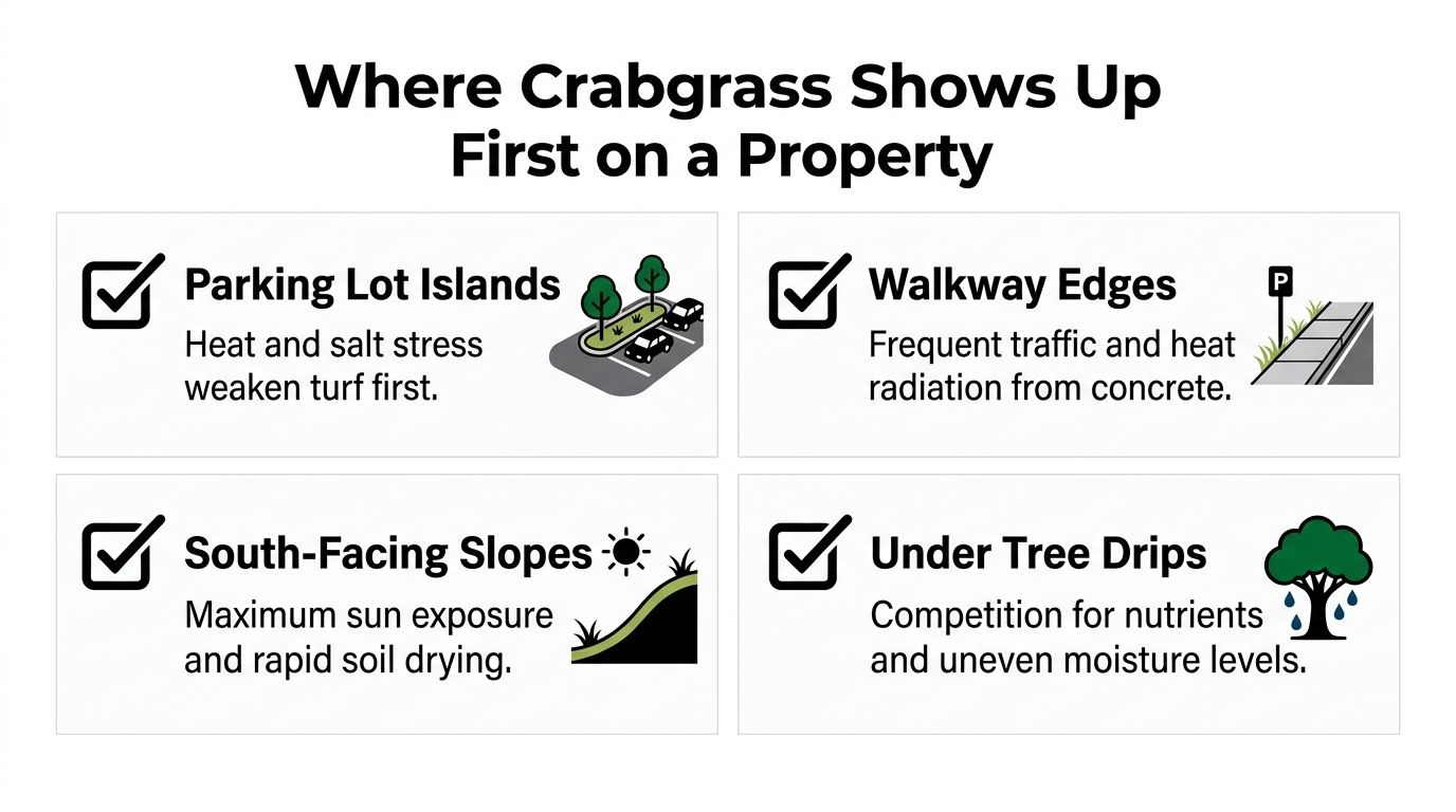 An infographic showing four common property areas where crabgrass typically appears first, including brief explanatory reasons.
