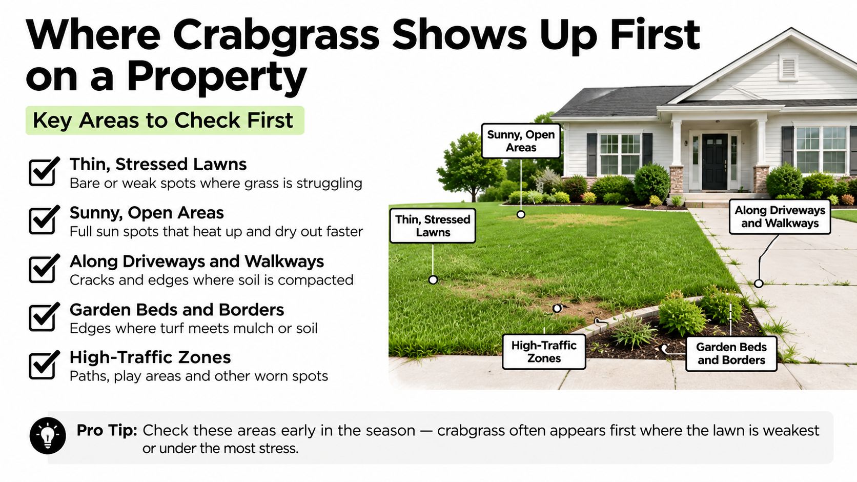An infographic illustrating the five common areas where crabgrass typically starts growing on a residential property lawn.