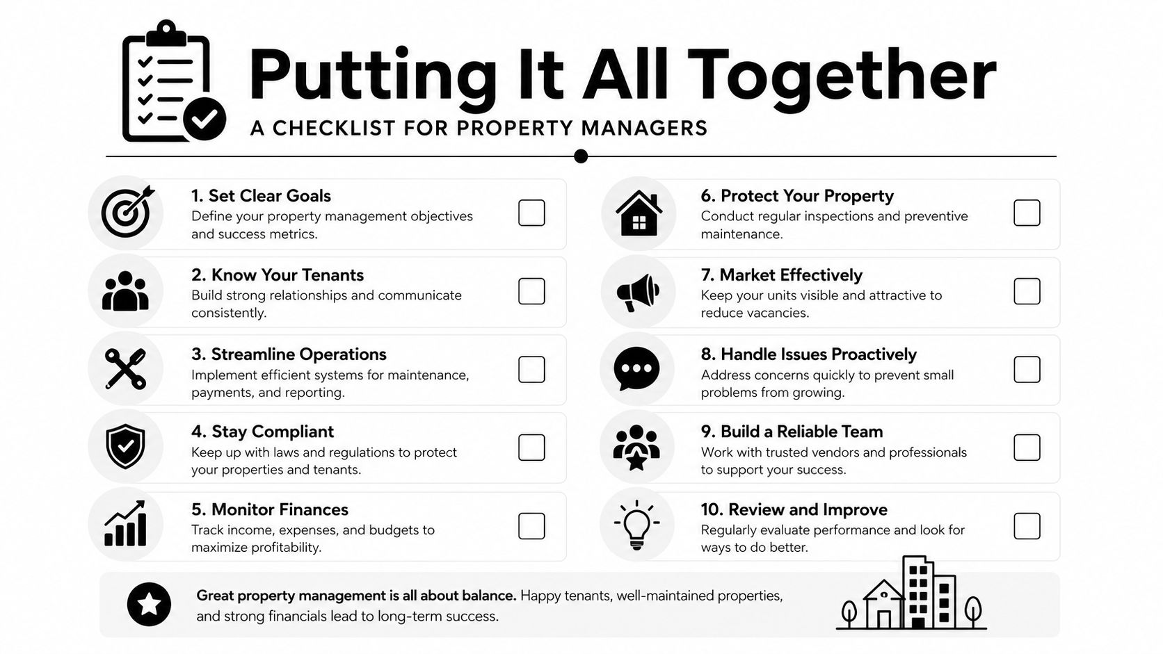 A checklist graphic titled Putting It All Together outlining ten essential property management strategies for professional success.
