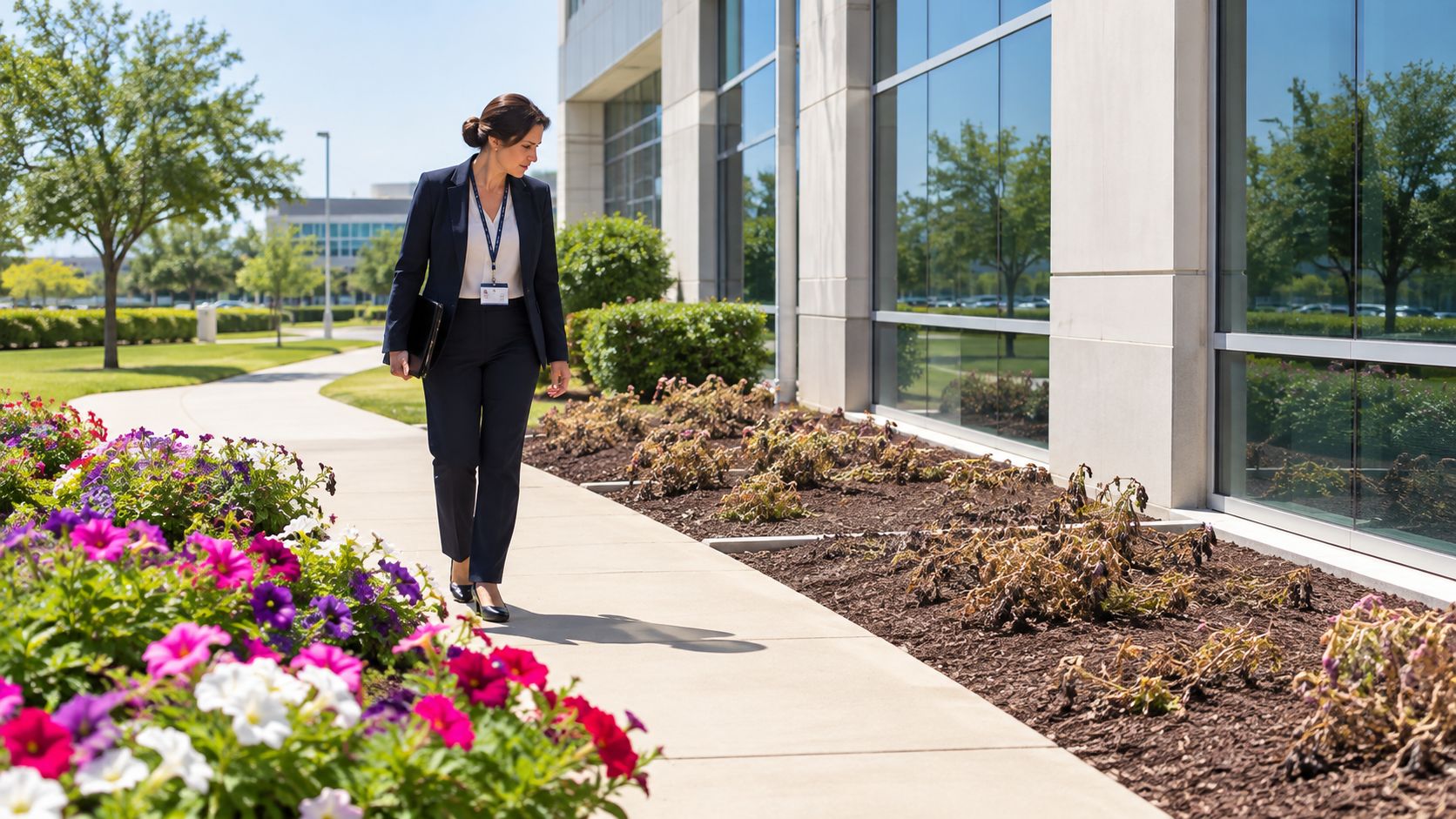 A professional woman walking along a sidewalk next to a building decorated with vibrant annuals flowering plants.