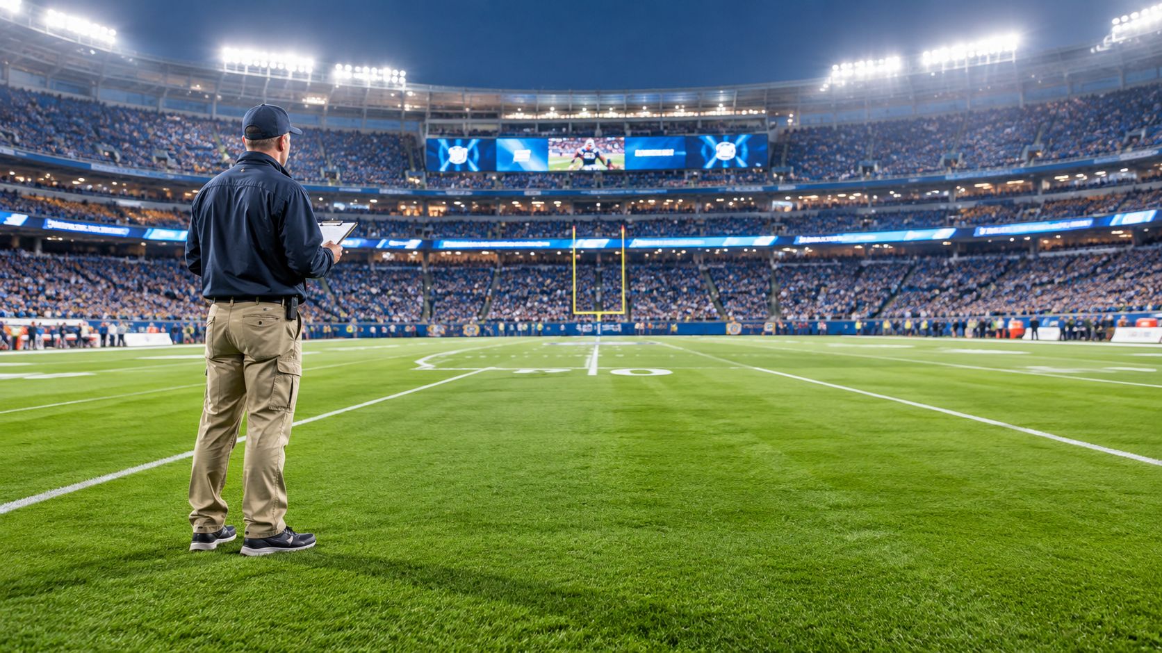 A football coach standing on a lush green stadium field holding a clipboard during a game.