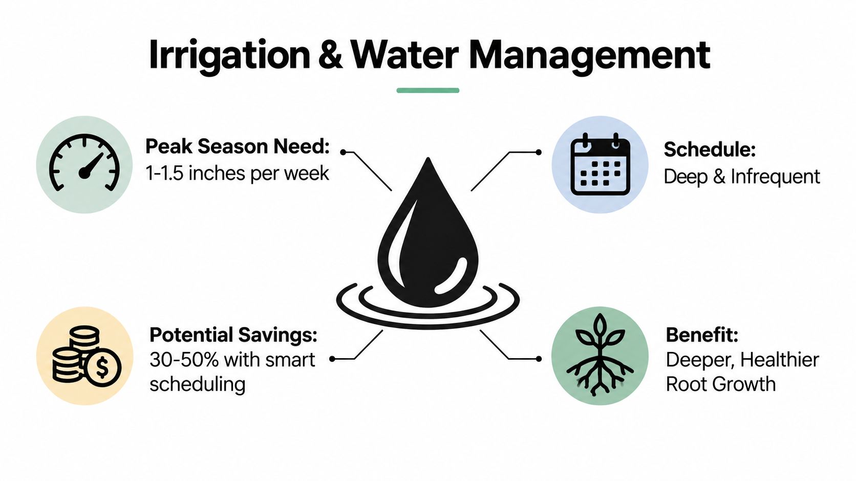 An infographic titled Irrigation and Water Management providing tips for efficient lawn and plant care.