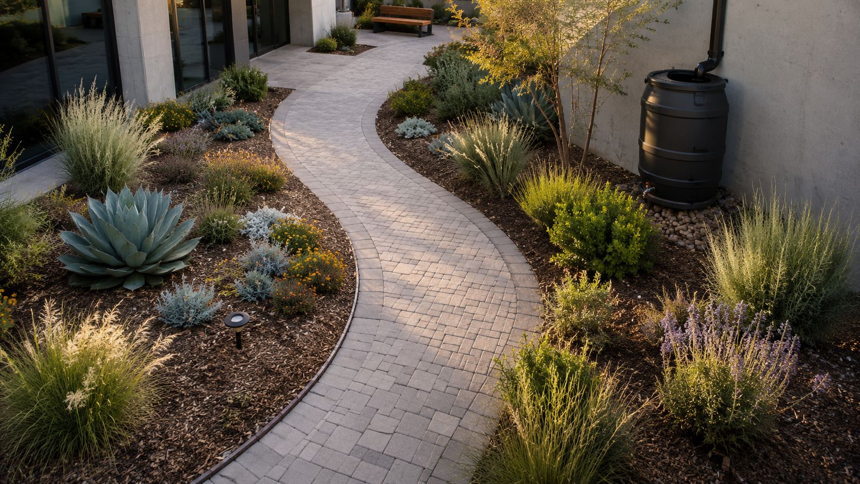 A curved stone pathway winds through a beautifully landscaped garden with drought-tolerant plants and shrubs.