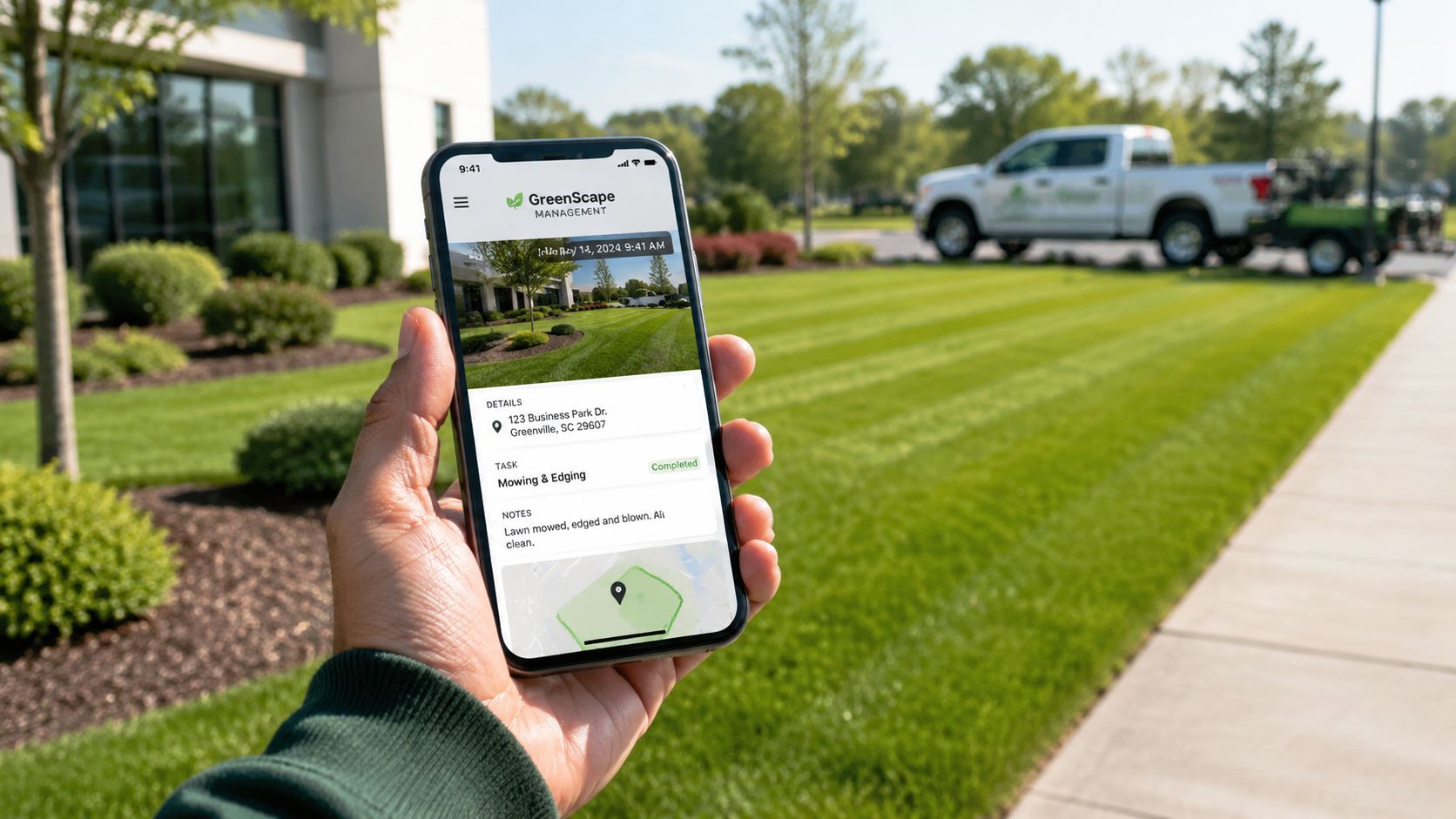 A hand holding a smartphone displaying landscaping management software app with completed lawn care project details.