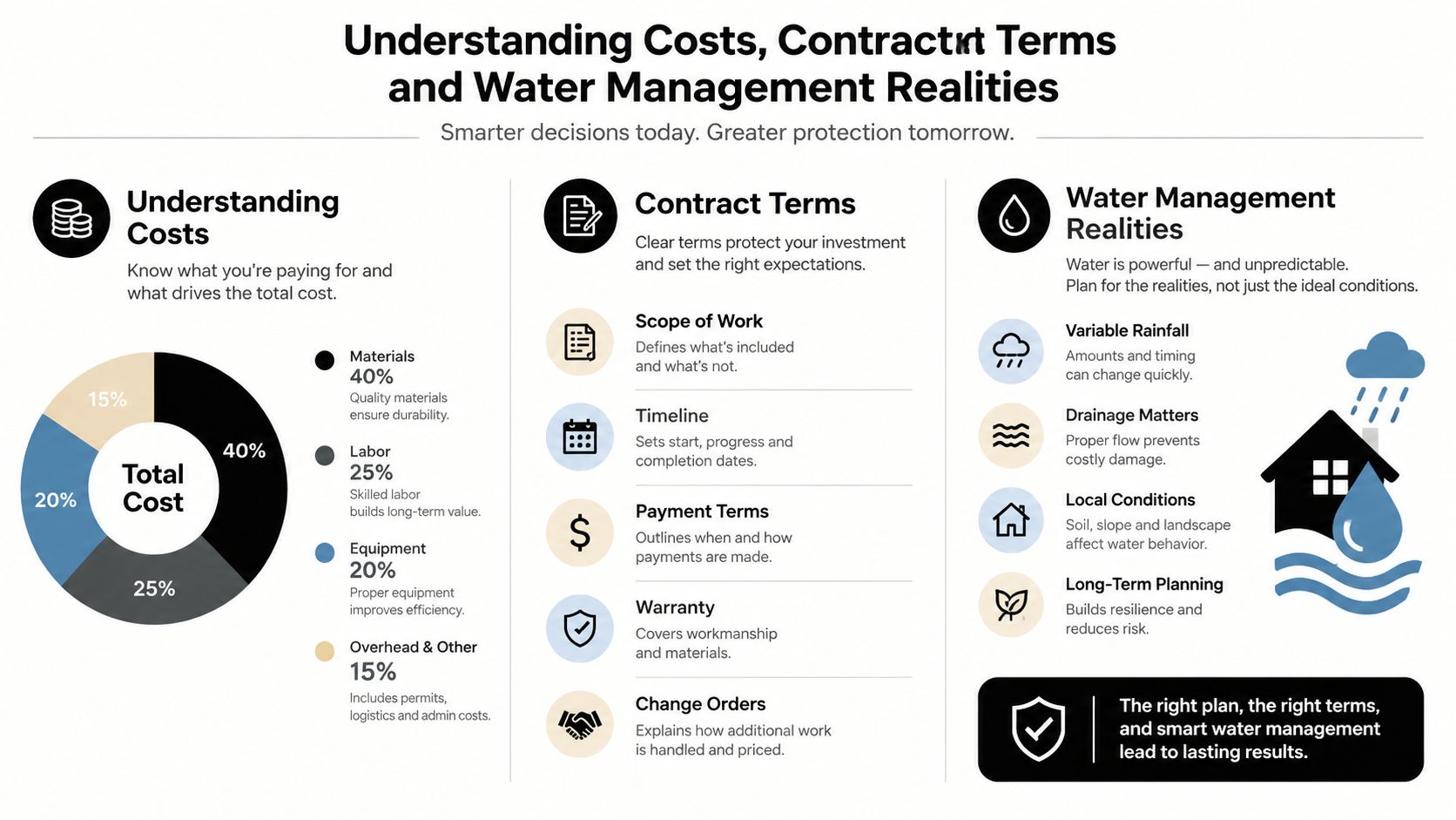 An infographic detailing project cost breakdowns, contract terms, and essential water management considerations for site construction.