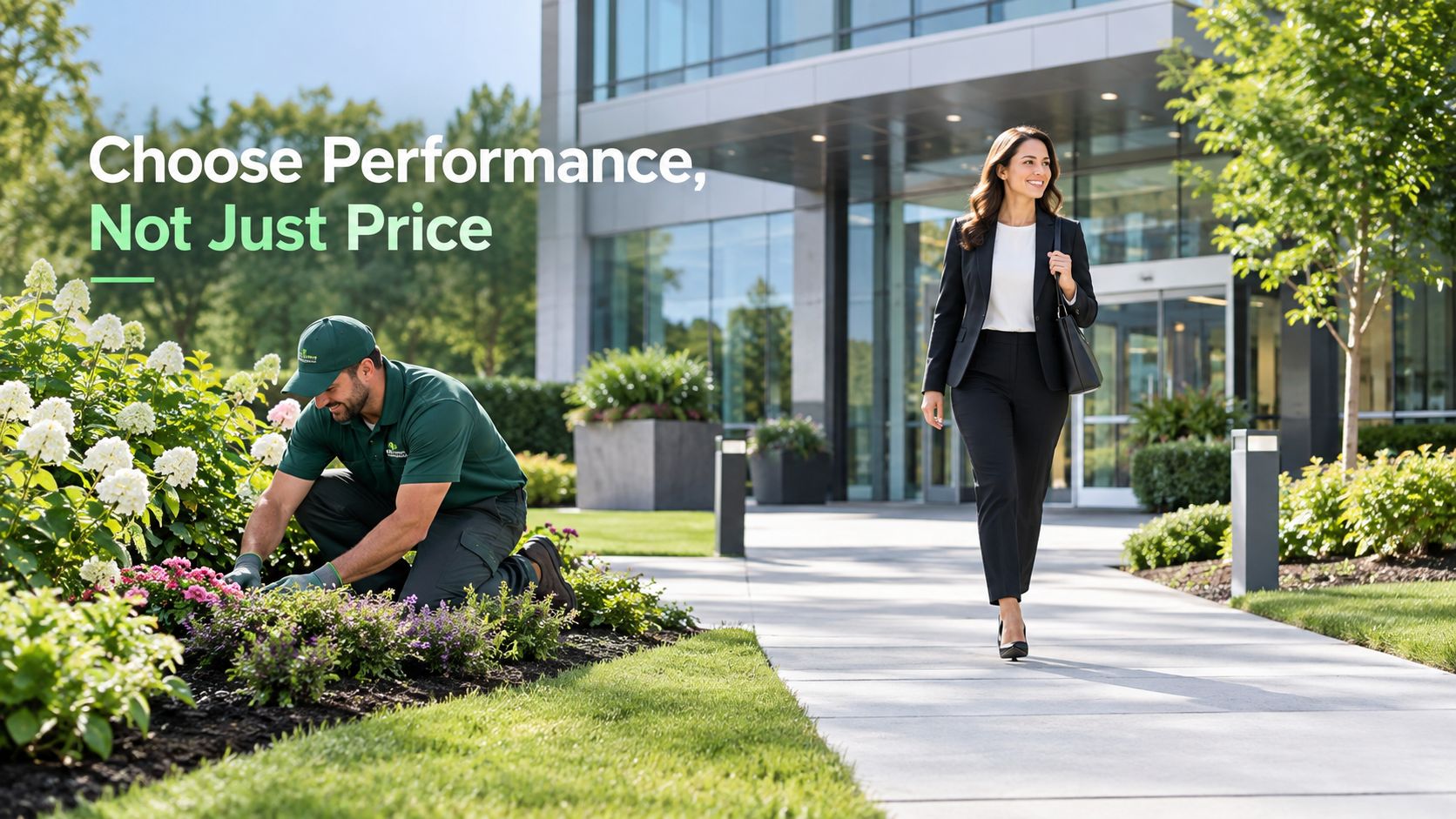 A professional landscaper working on garden beds as a business woman walks past a modern office building.