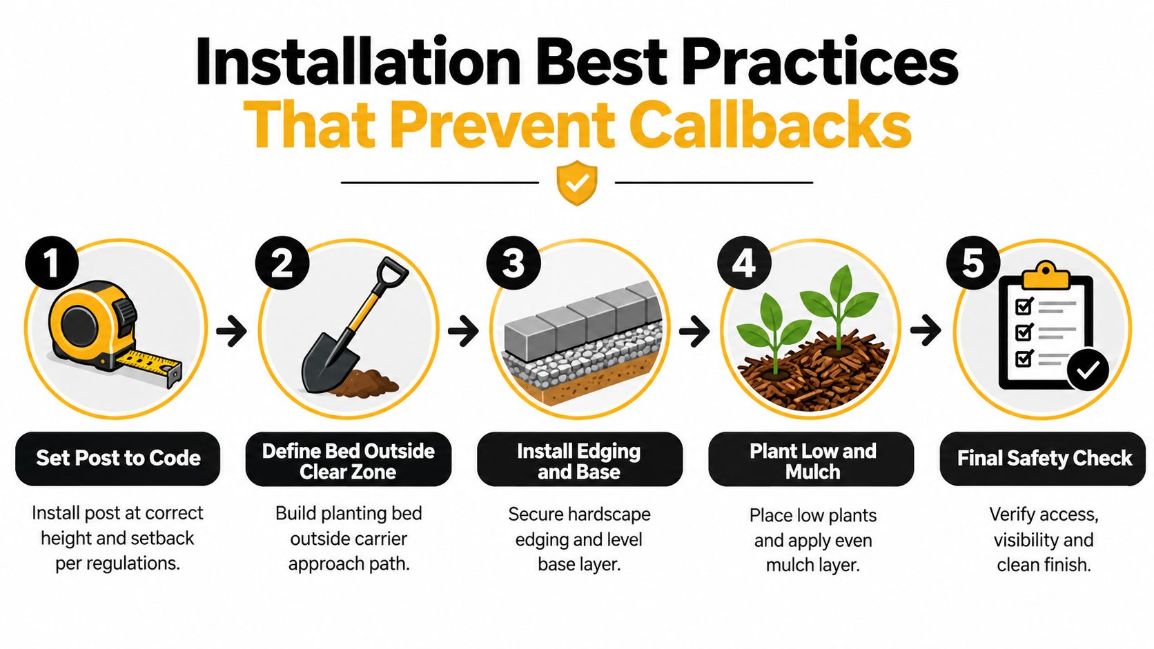 A five step guide showing installation best practices for landscaping around a mailbox to prevent maintenance callbacks.