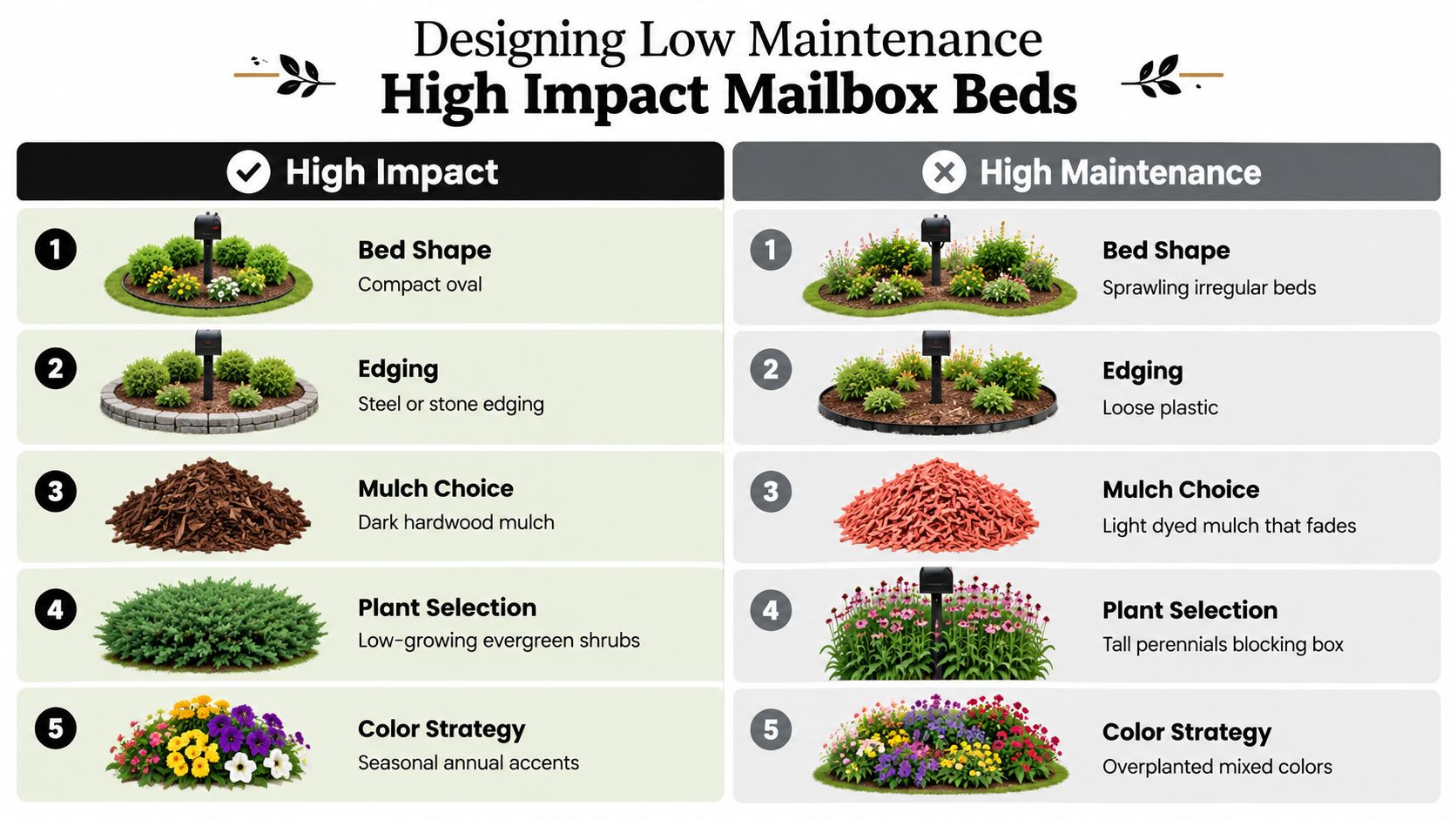 A comparison chart showing tips for designing low maintenance high impact landscaping for residential mailbox beds.