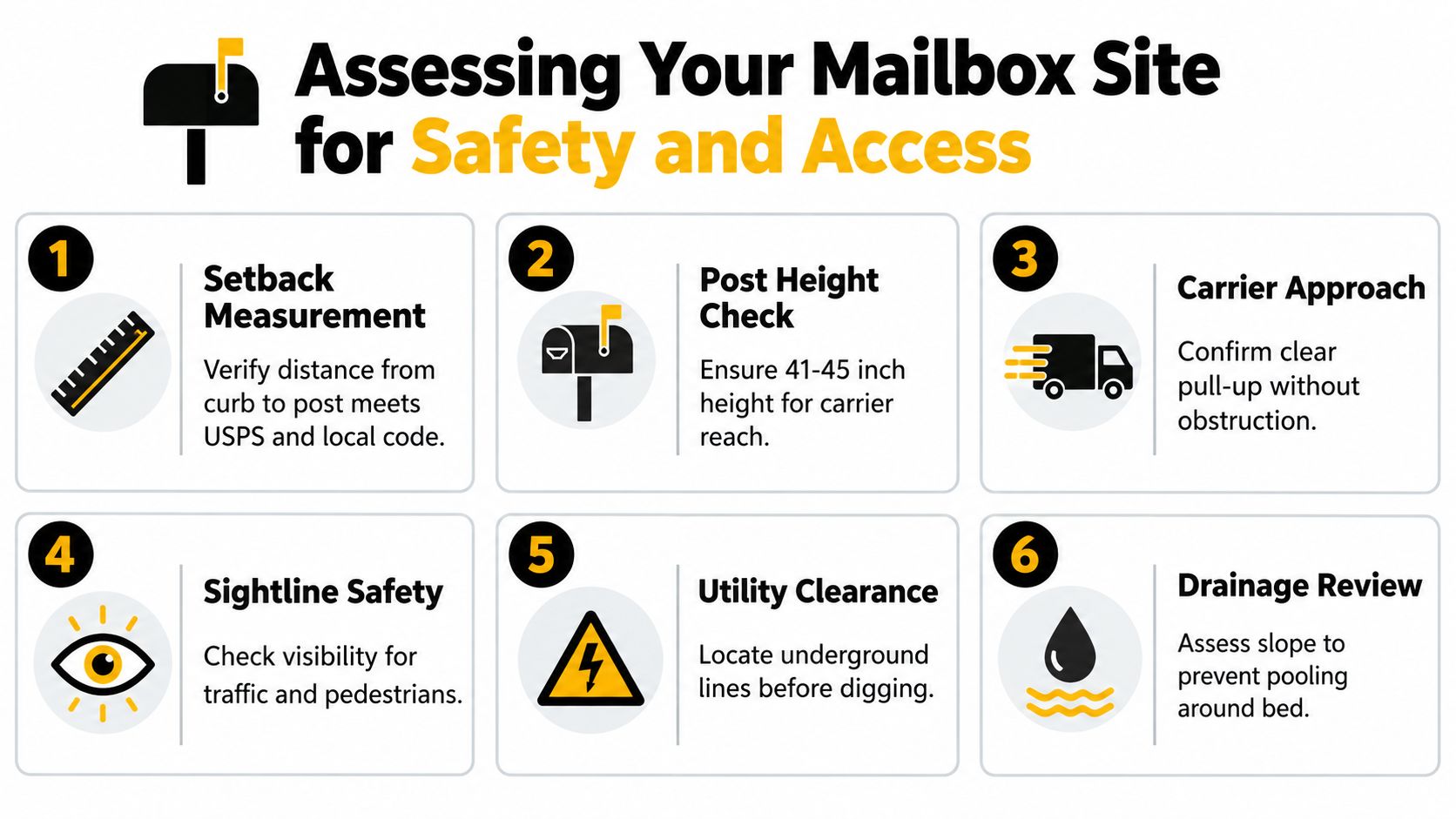 A six-point infographic guide on how to assess a mailbox site for safety and postal access.