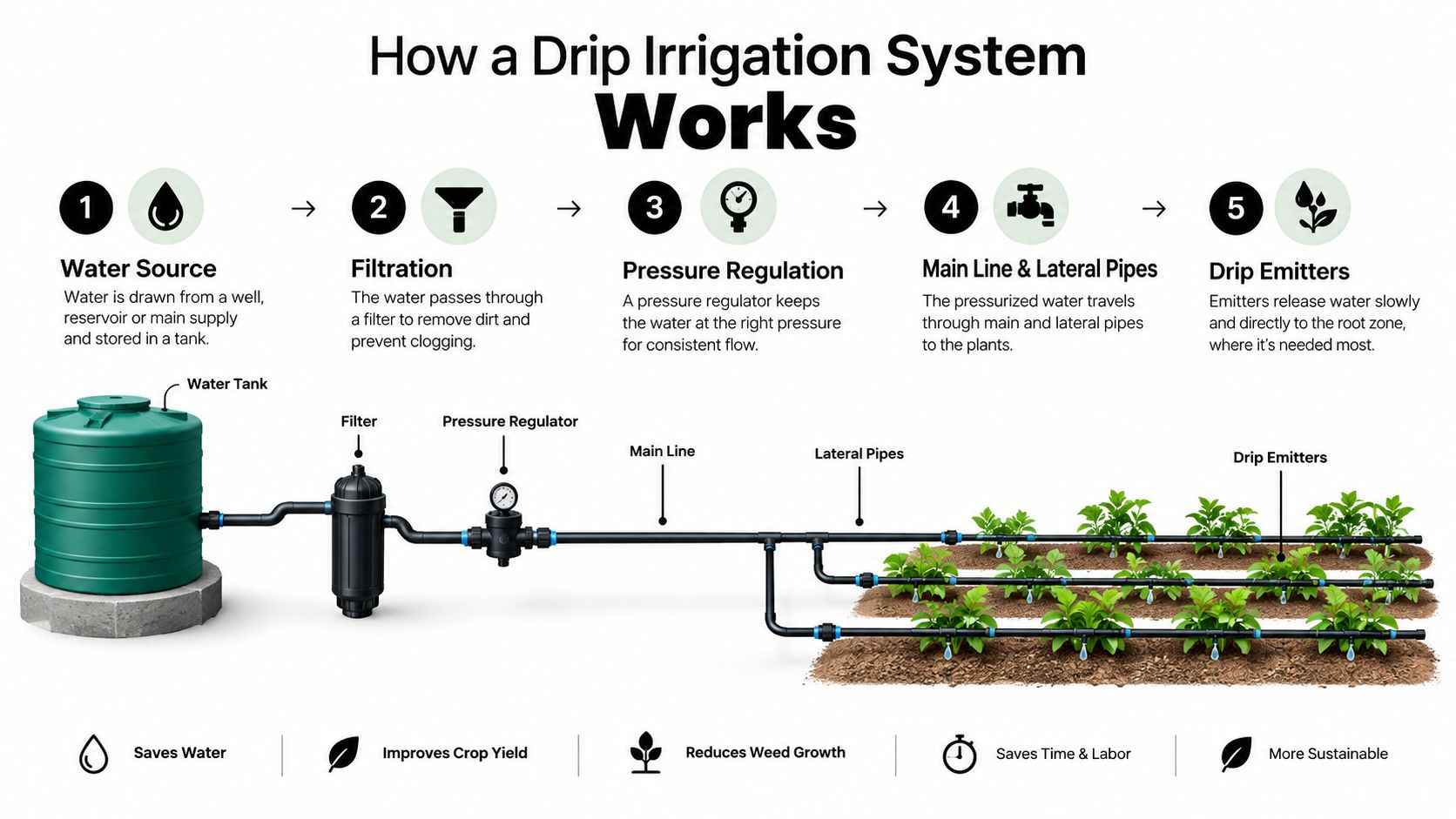 A diagram illustrating the five key components and process of a drip irrigation system for farming.