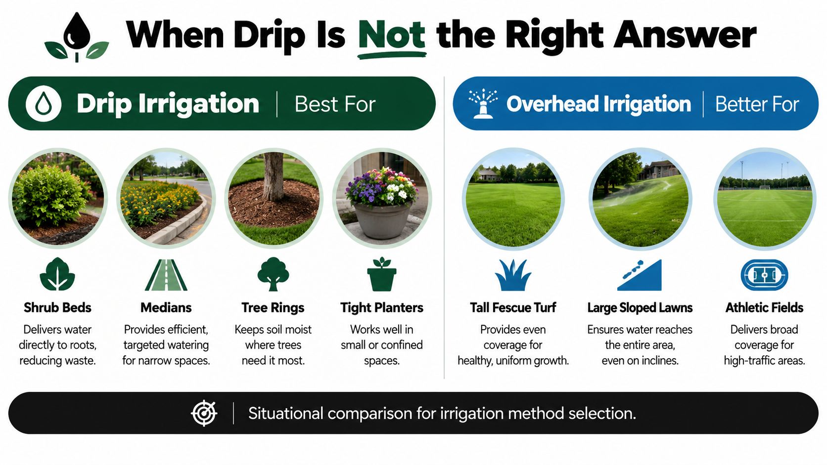 An infographic comparing when to use drip irrigation versus overhead irrigation for different types of landscape.