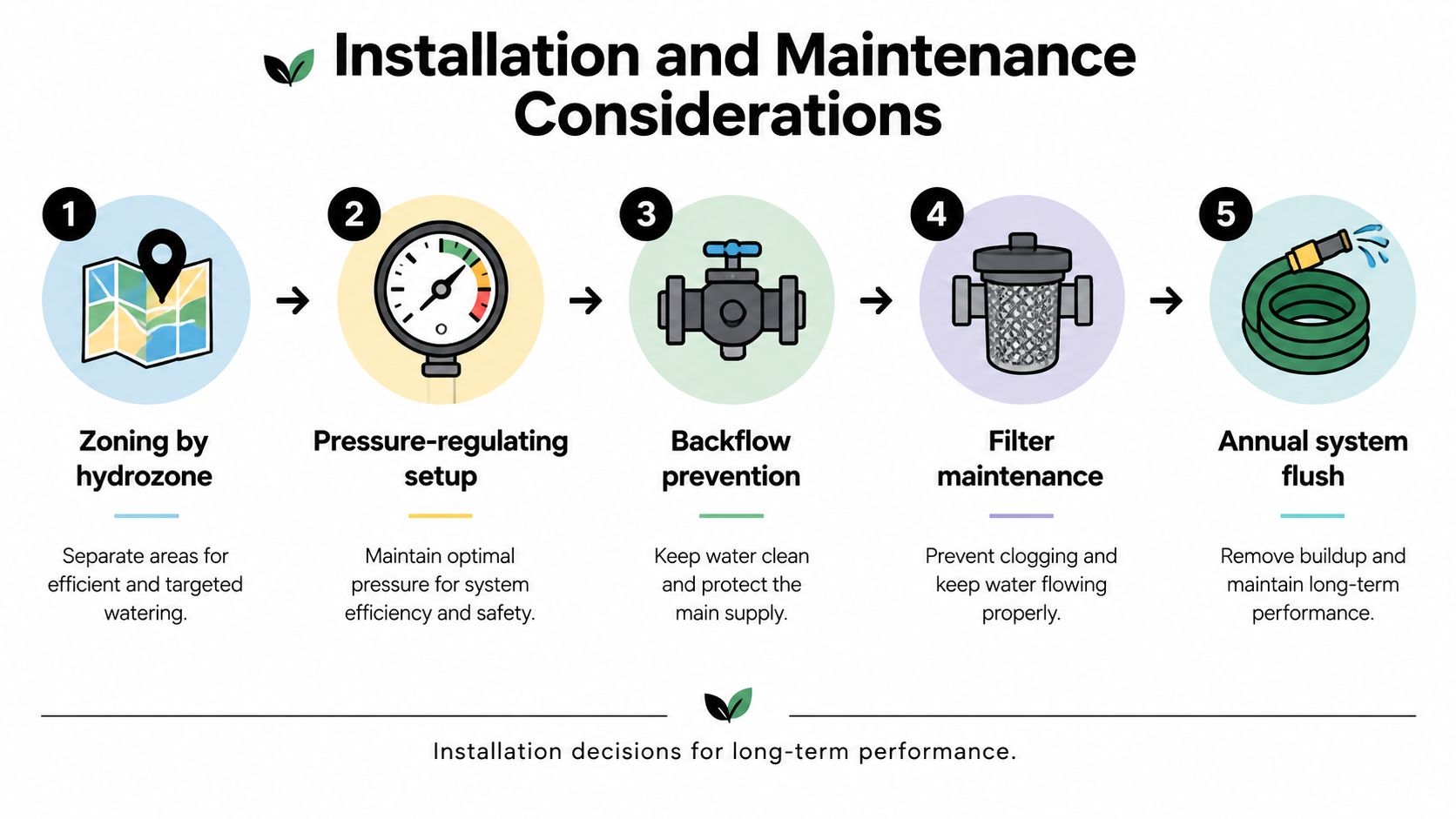 A five-step infographic showing installation and maintenance considerations for a drip irrigation system with icons.