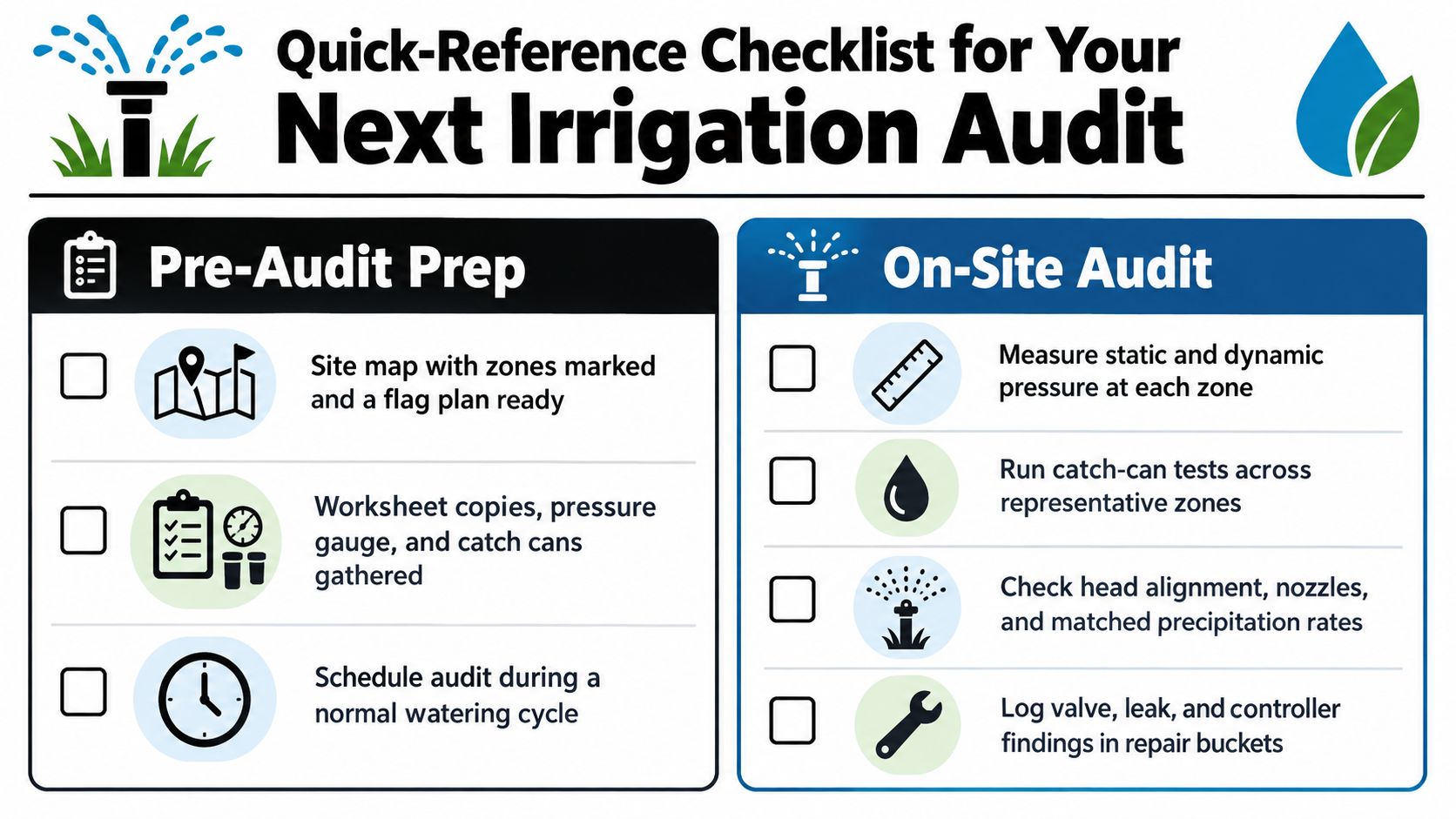 A quick-reference checklist outlining essential steps for conducting an irrigation system audit for landscape water management.