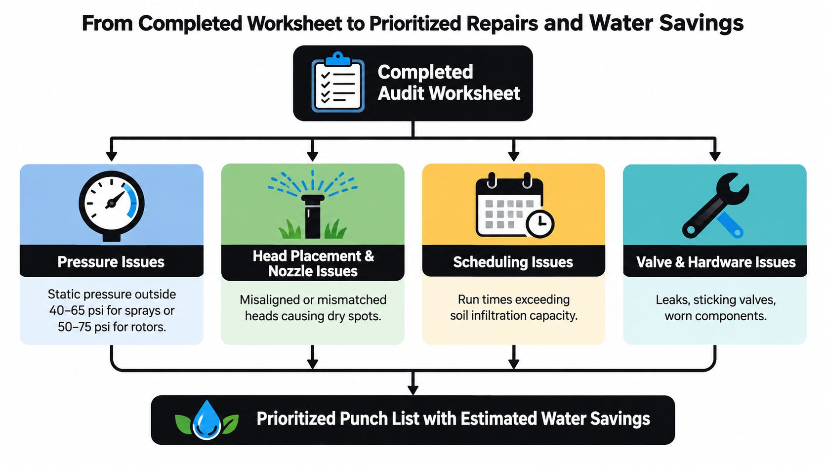 A flow chart illustrating how a completed irrigation audit worksheet leads to prioritized repairs and water savings.