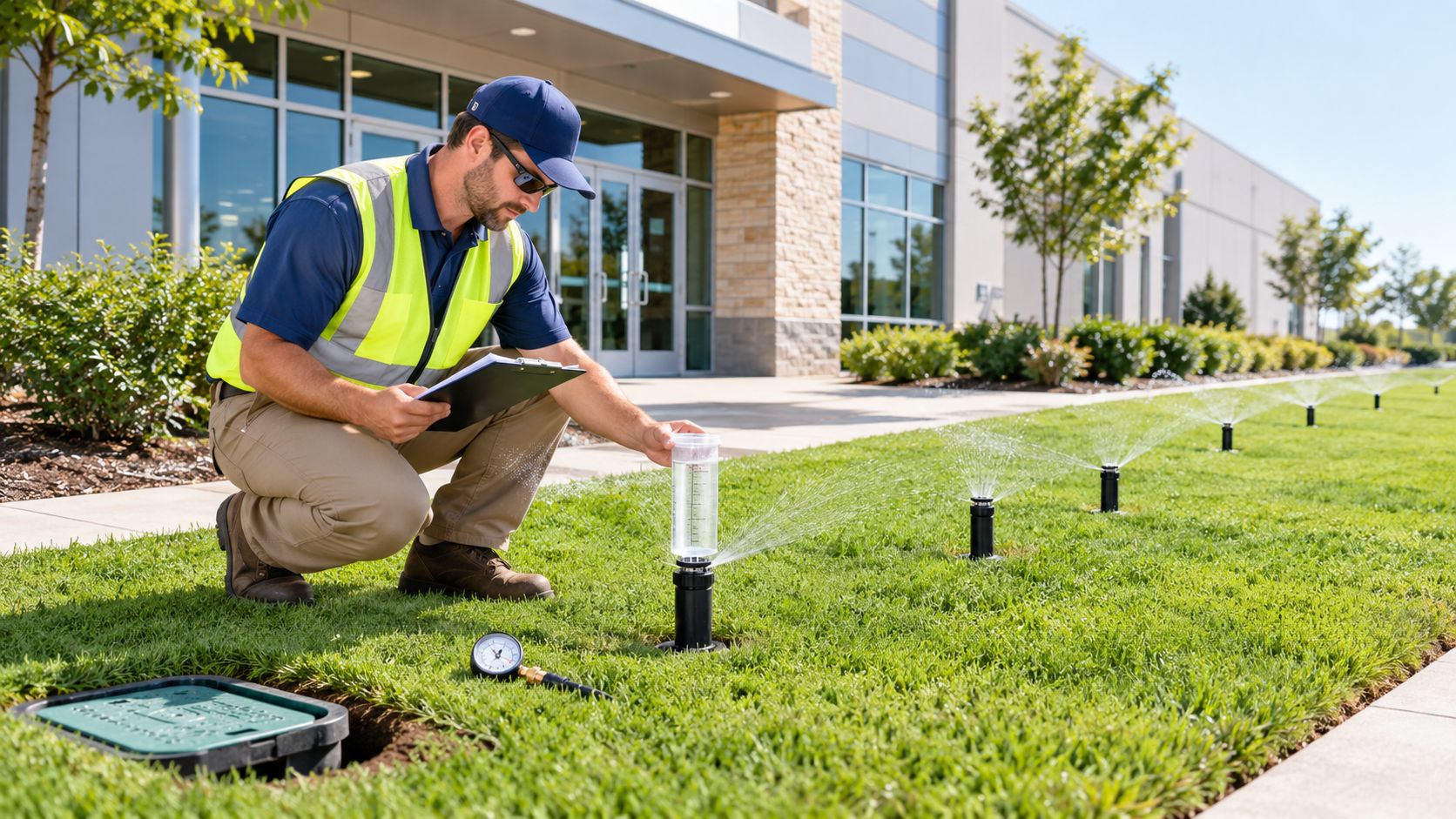 A technician performing an irrigation audit by measuring water flow from a sprinkler head on a lawn.