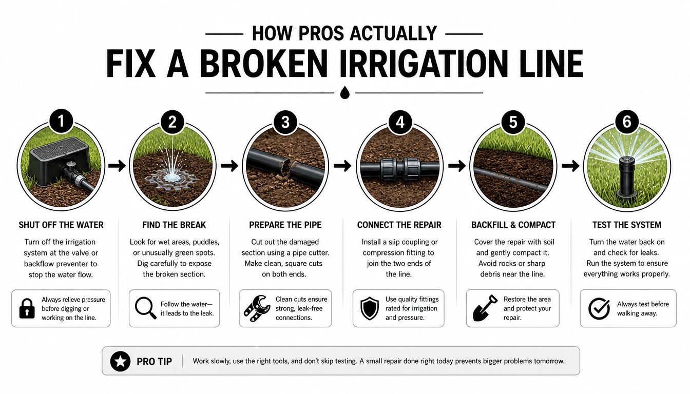 A six-step infographic illustrating the professional method for repairing a broken underground irrigation system pipe.