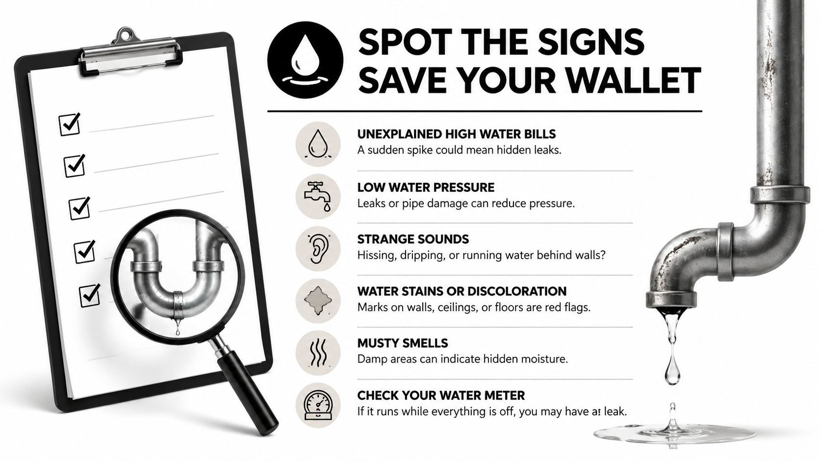 An educational infographic about plumbing leaks featuring a checklist, warning signs, and a leaking metal pipe.