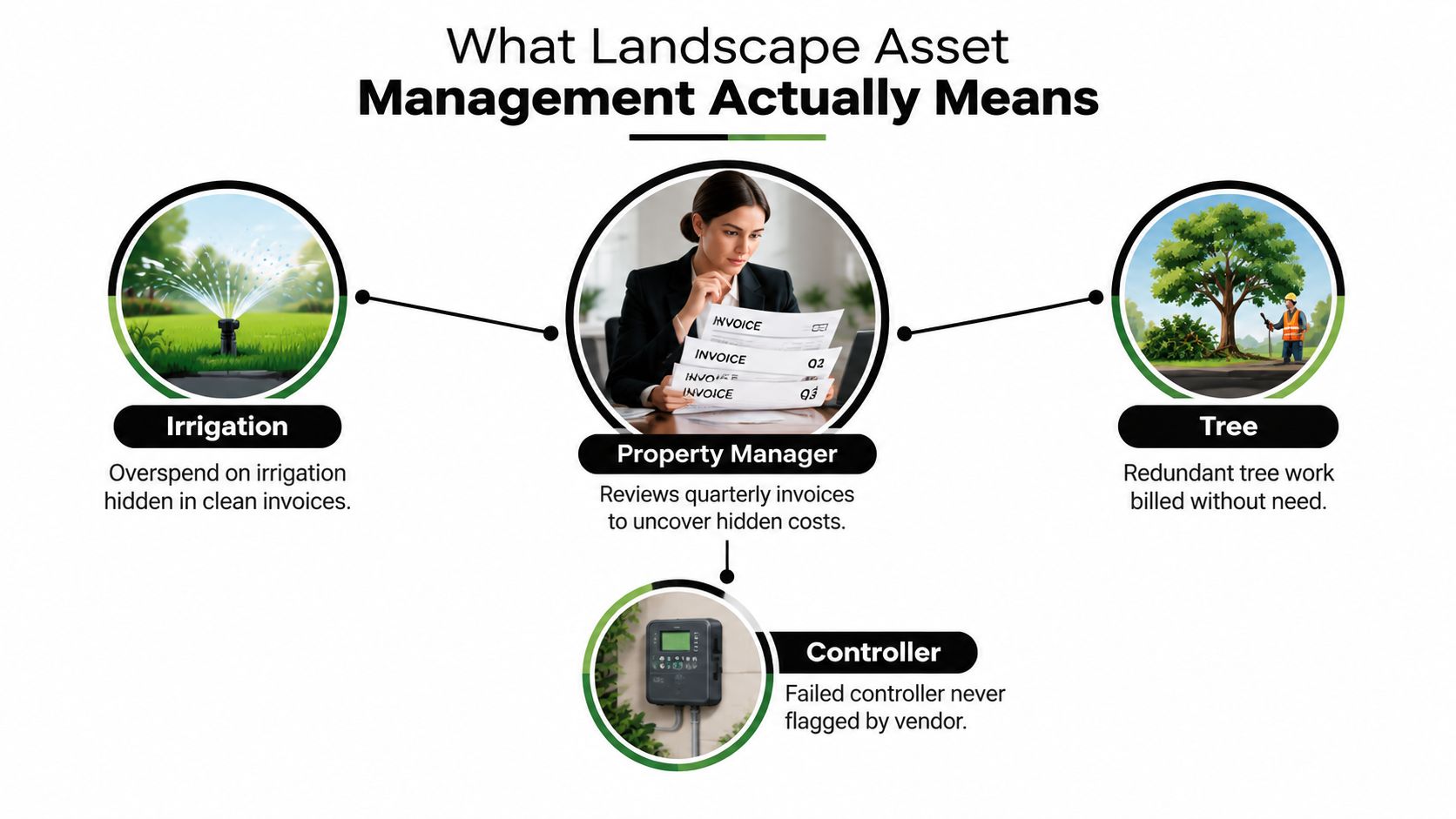 An infographic showing landscape asset management challenges including irrigation overspend, hidden invoice costs, and unmaintained tree work.