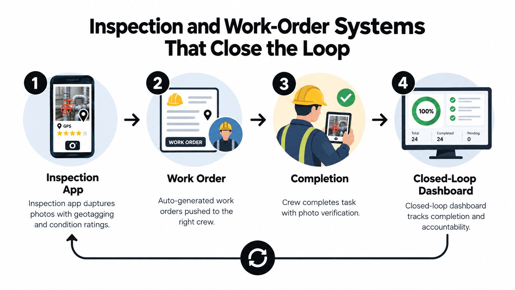 A four-step diagram illustrating the process from inspection app capture to completed work-order dashboard tracking.