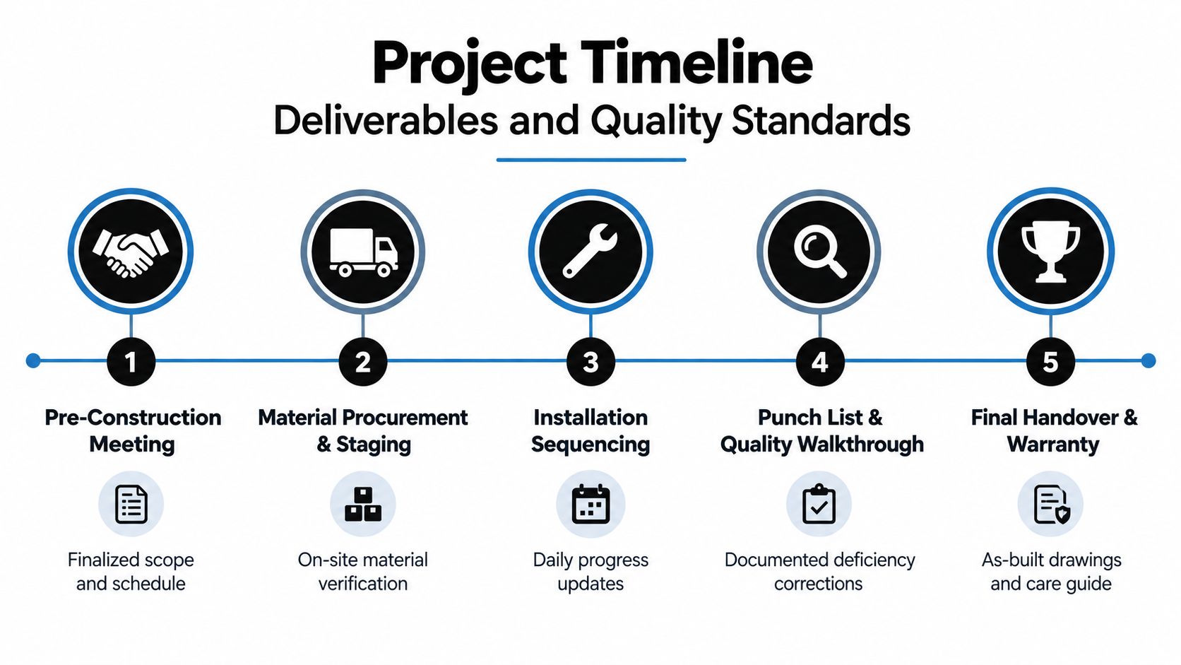 A five-step project timeline infographic outlining deliverable and quality standards for construction and landscaping projects.