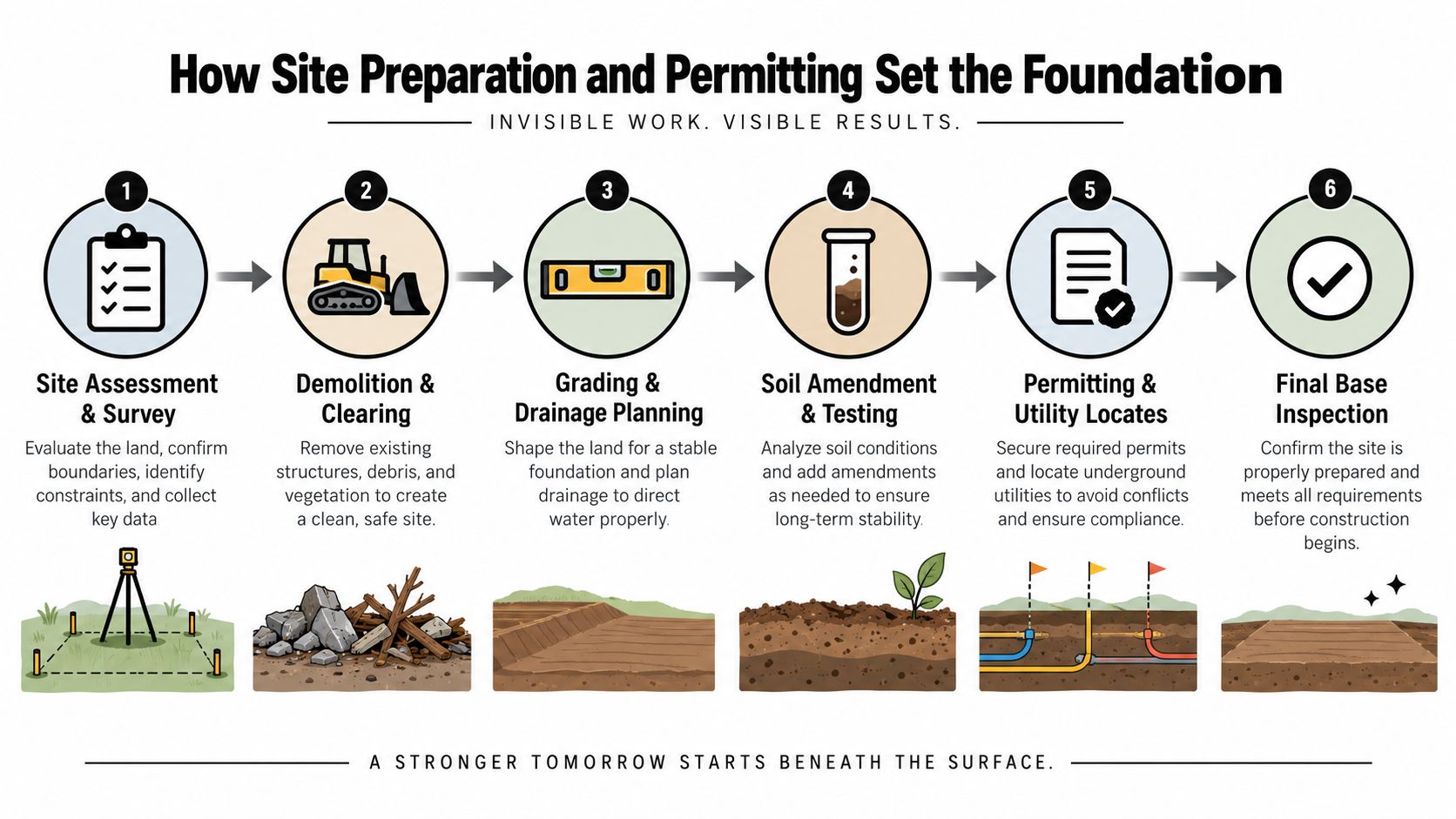 A six-step infographic illustrating the site preparation and permitting process for landscape and construction projects.
