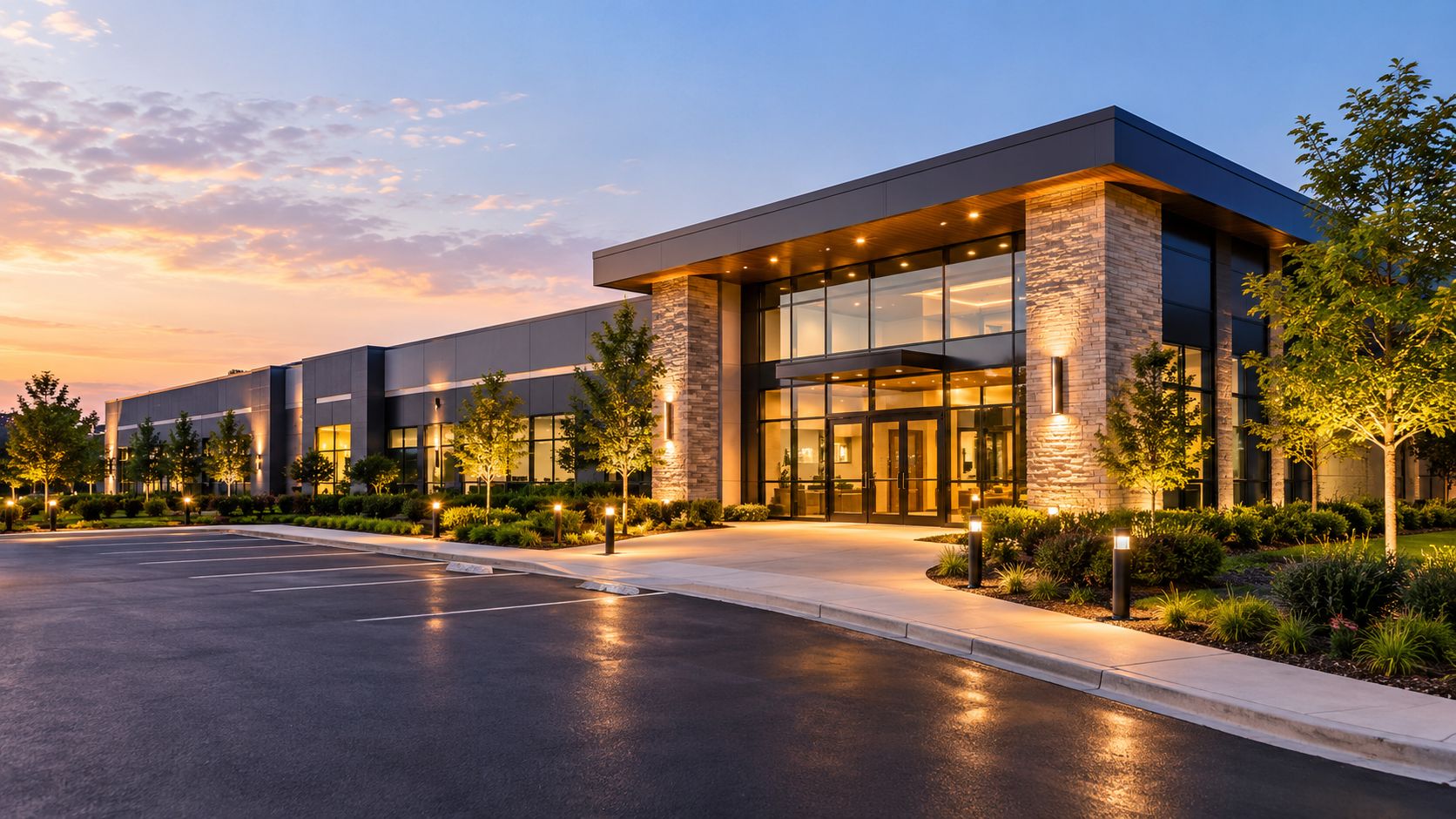 Modern commercial building exterior at dusk featuring landscape lighting and a sleek paved parking lot entrance.