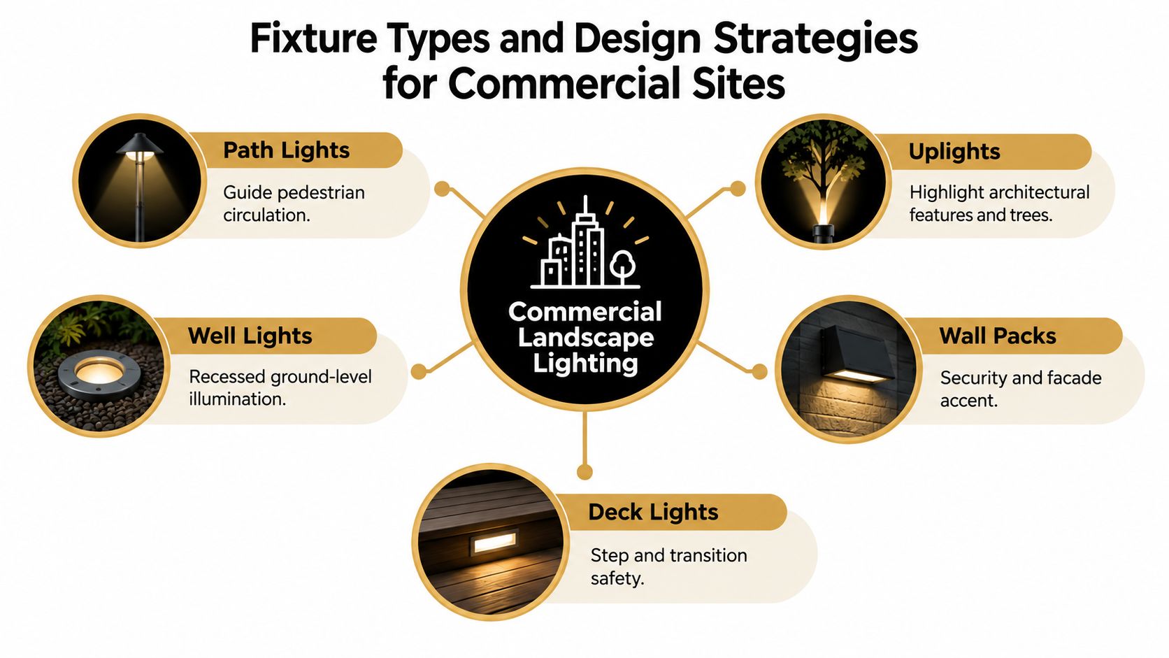 A diagram illustrating five types of commercial landscape lighting fixtures and their design strategies for properties.