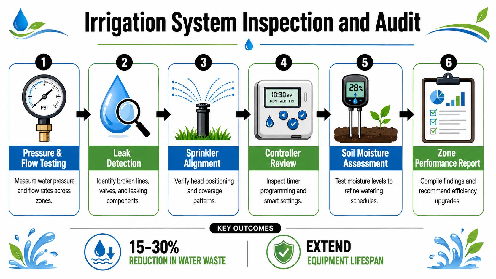 An infographic showing a six-step irrigation system inspection and audit process for landscape maintenance and water efficiency.