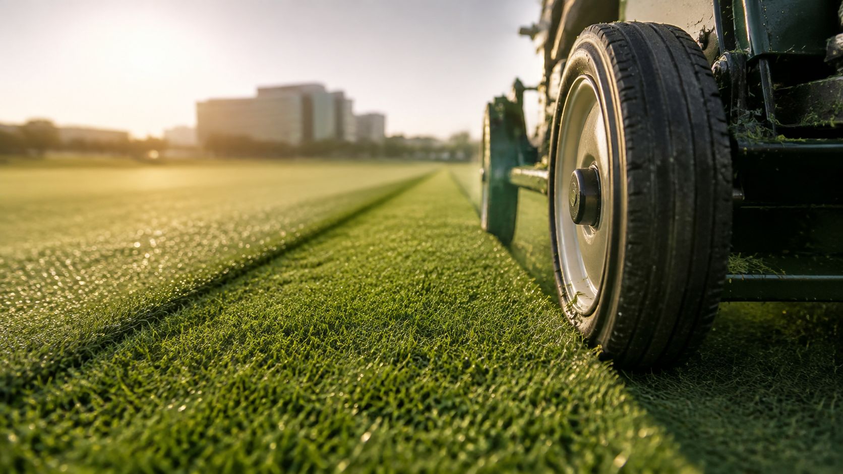 A close-up view of a professional mower cutting perfectly manicured green grass on a sunny day.