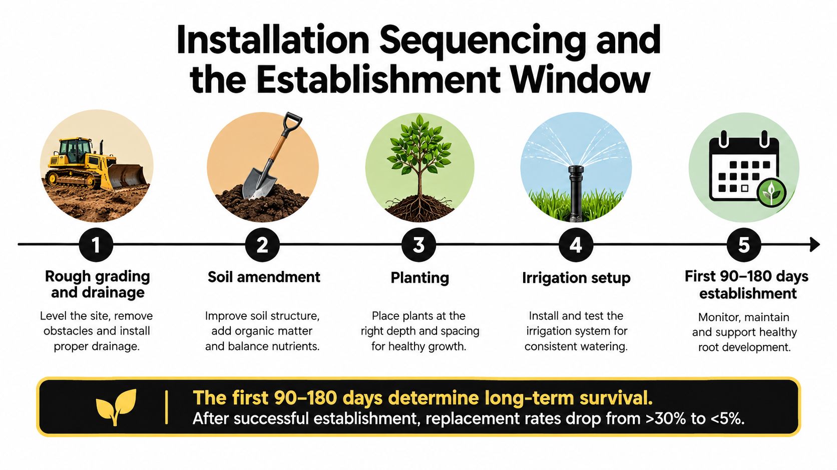 An infographic showing the five-step process of landscape installation, from rough grading to the initial establishment period.