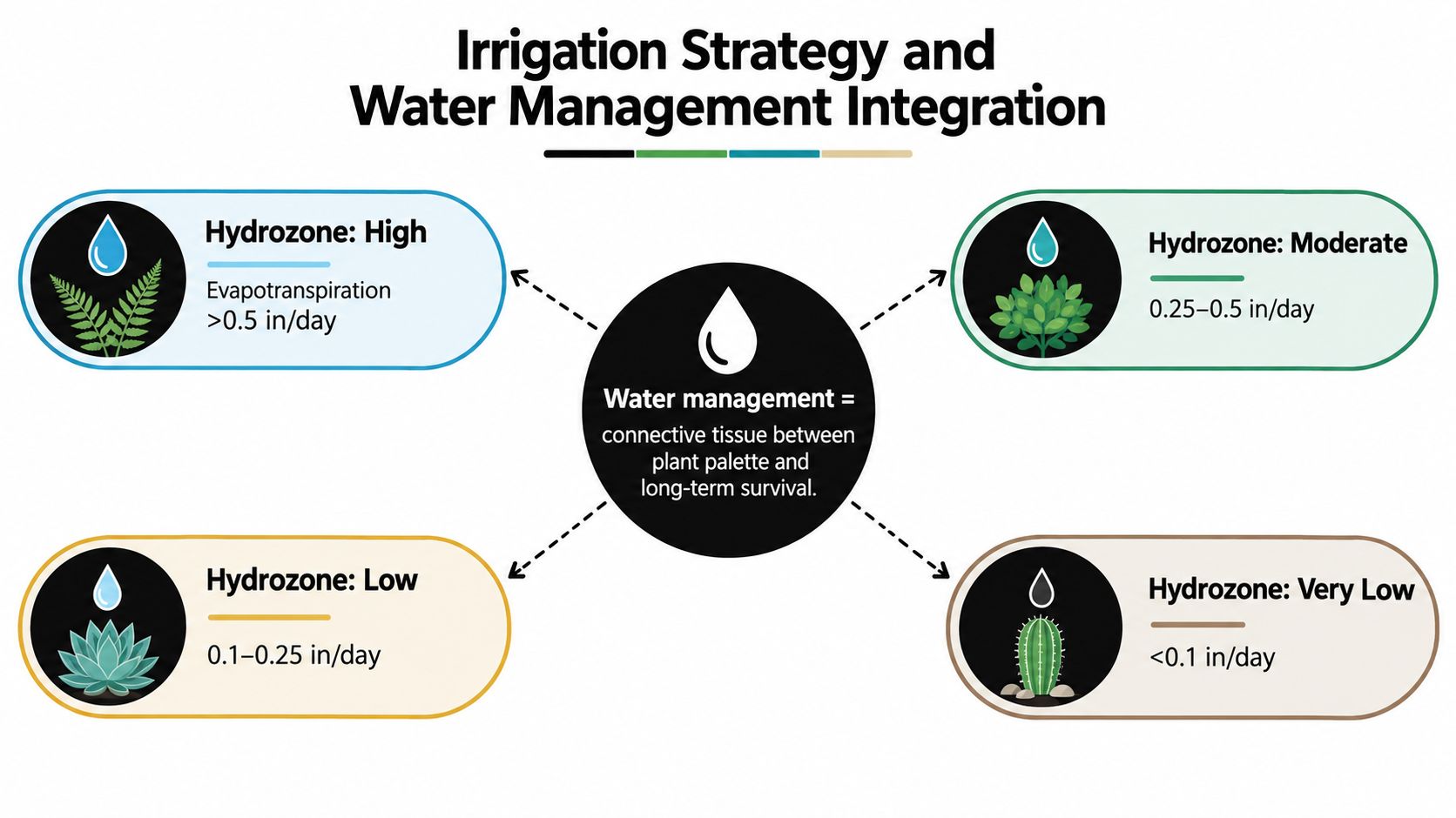 A diagram illustrating irrigation strategies and water management integration for different hydrozones based on plant water needs.