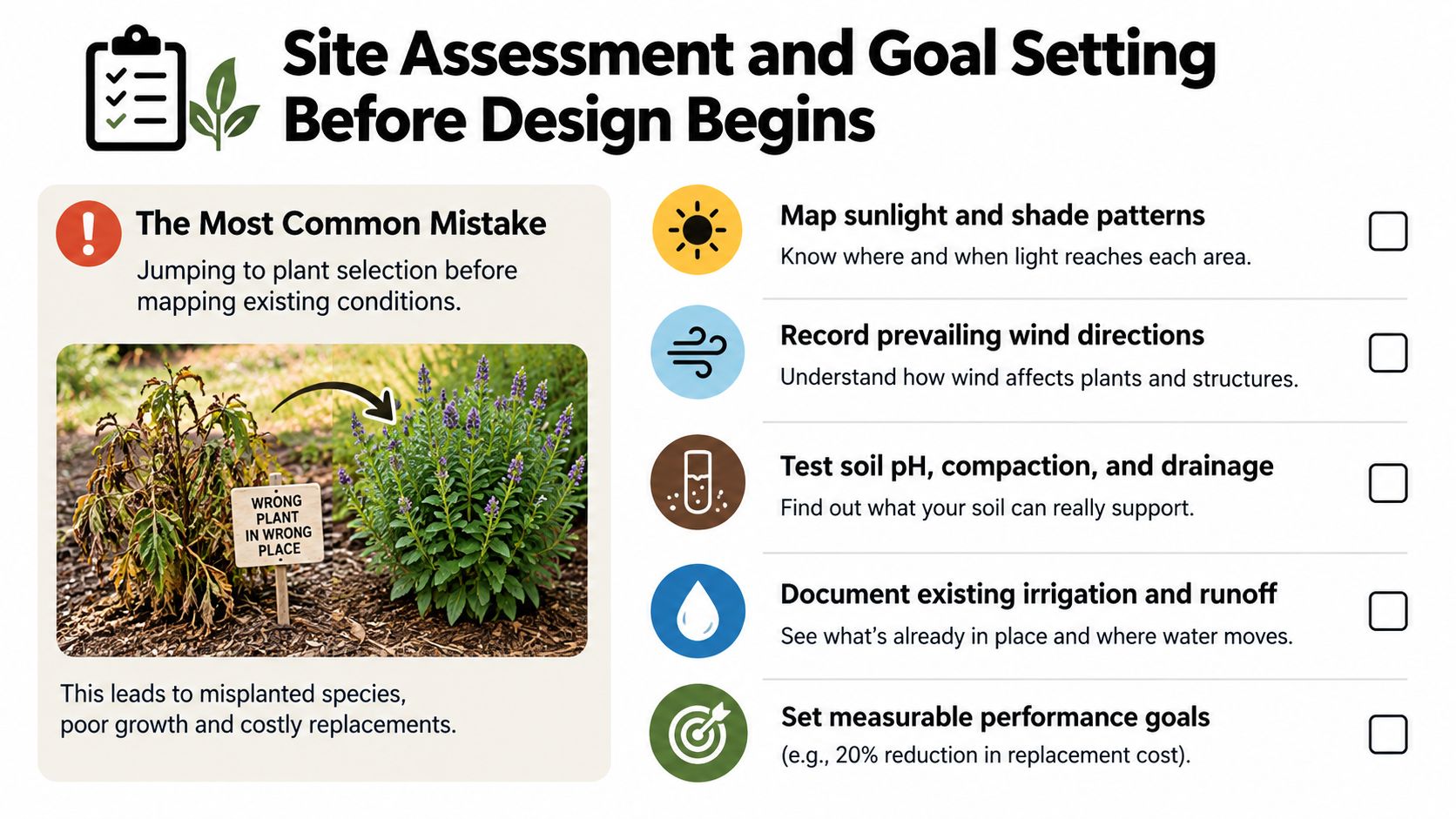 A checklist infographic illustrating key steps for site assessment and goal setting before landscape planting design.