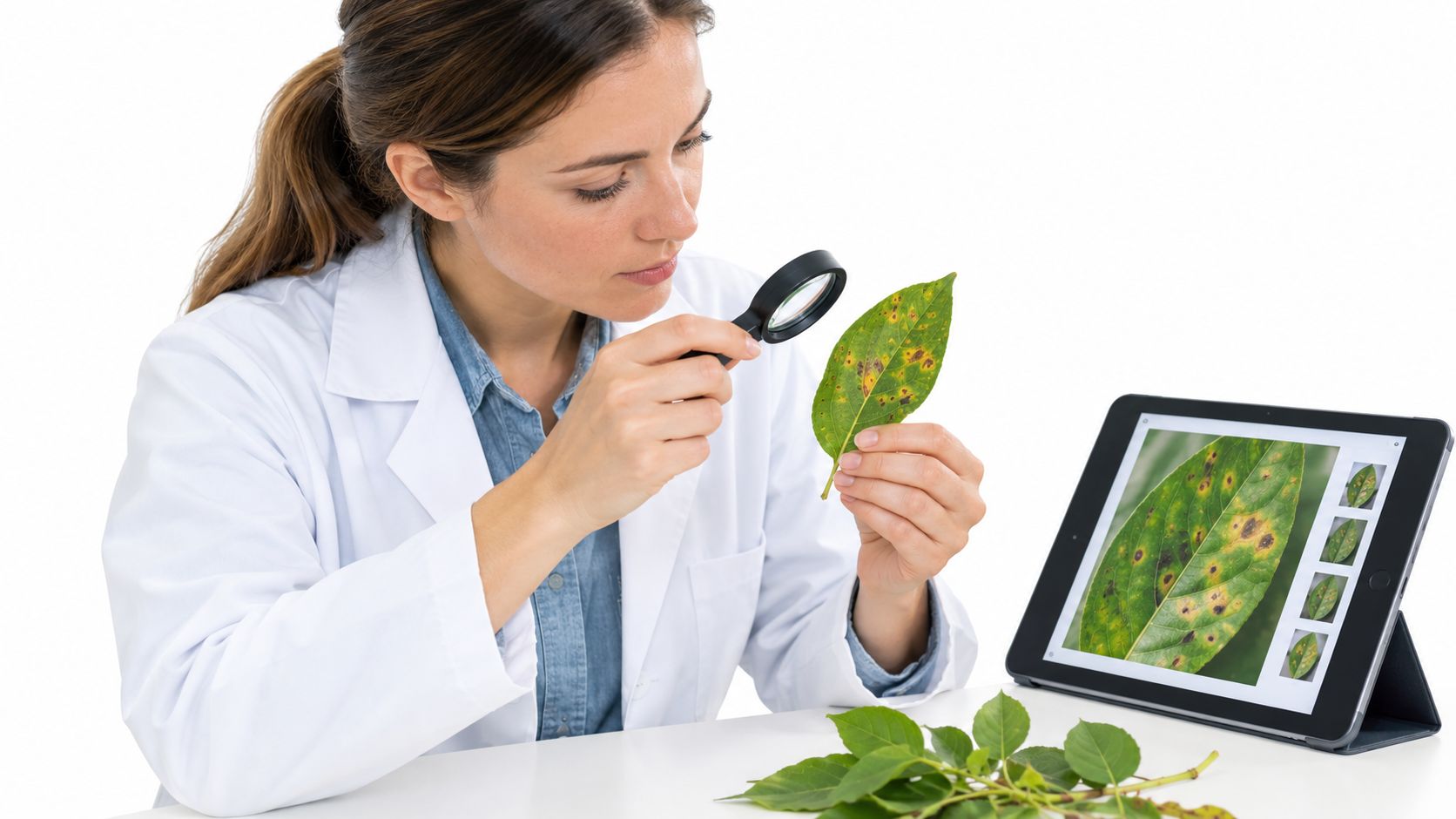 A professional botanist examining a diseased plant leaf with a magnifying glass while using a digital tablet.