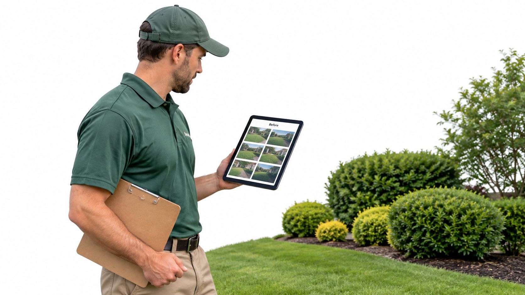 A professional landscaper in a green polo shirt using a tablet to inspect garden maintenance progress.