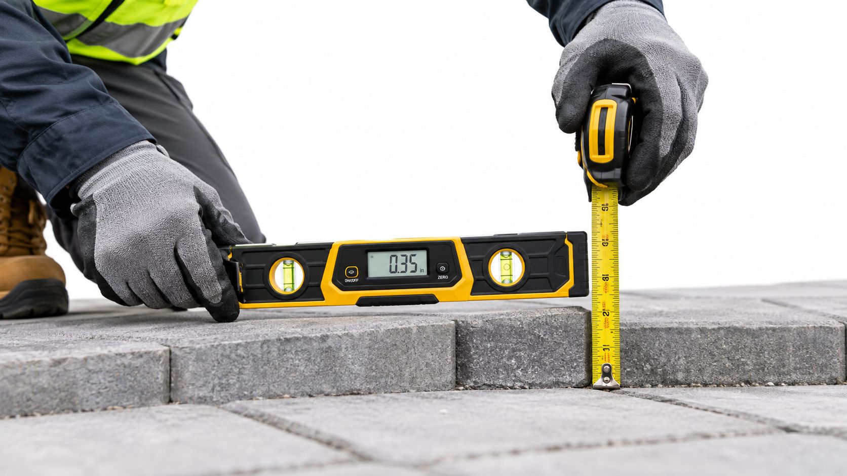 A construction worker uses a digital level and tape measure to check pavers for quality control.