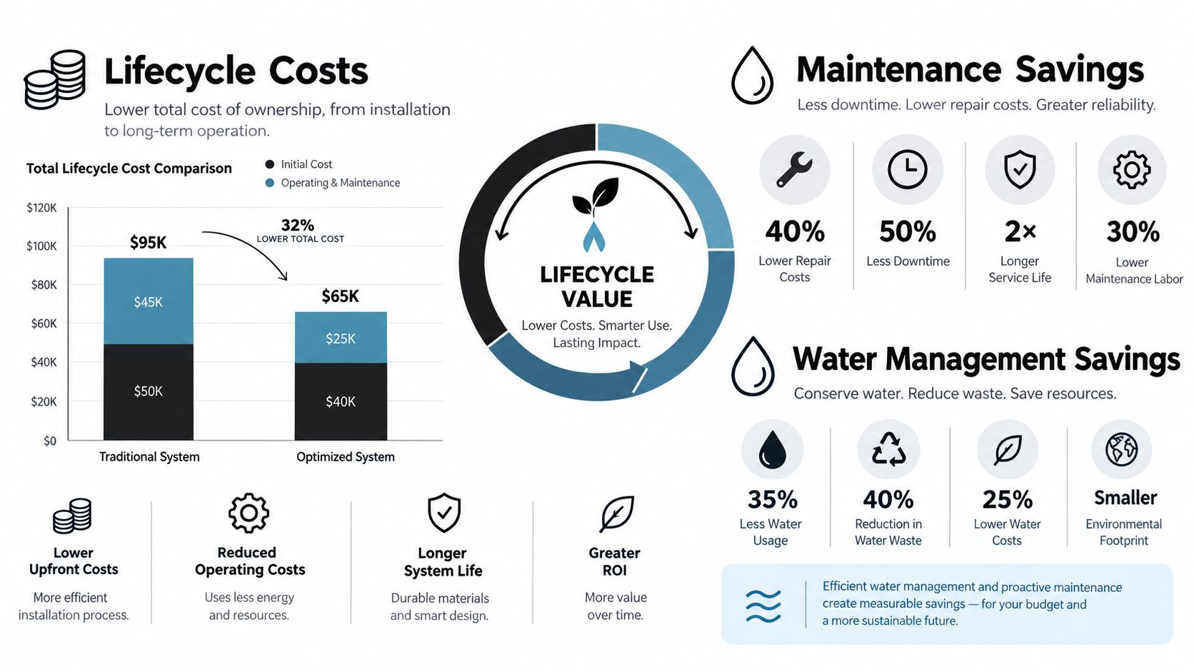 An infographic comparing lifecycle costs, maintenance savings, and water management benefits for optimized versus traditional systems.