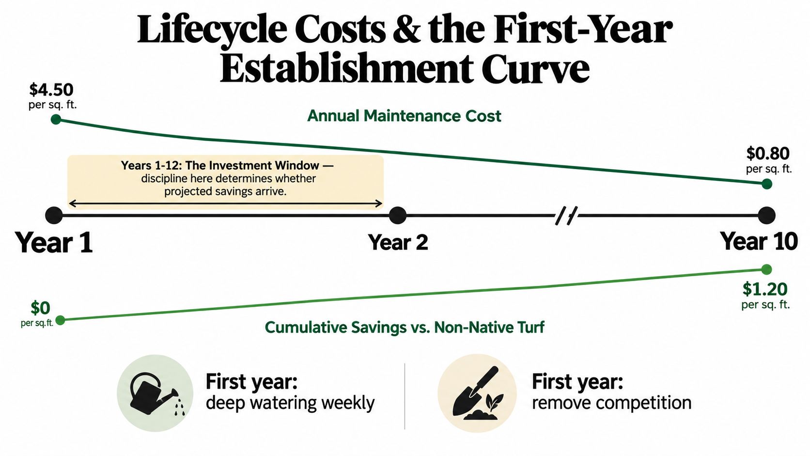 A graph illustrating the lifecycle costs and savings of native landscaping compared to non-native turf over time.