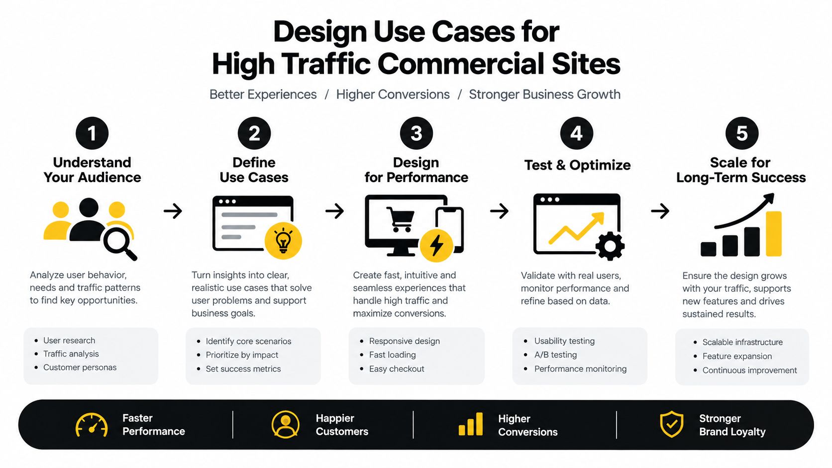 A five-step infographic showing the process of designing use cases for high-traffic commercial websites.