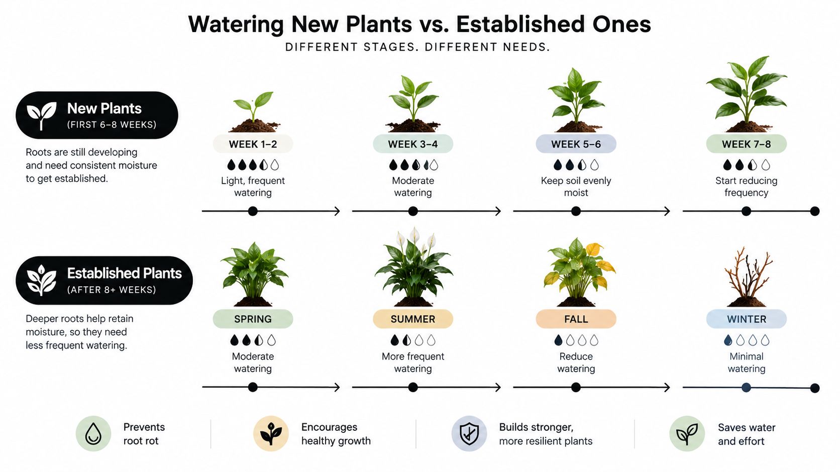A helpful chart comparing watering schedules for new plants versus established plants across different growth stages.