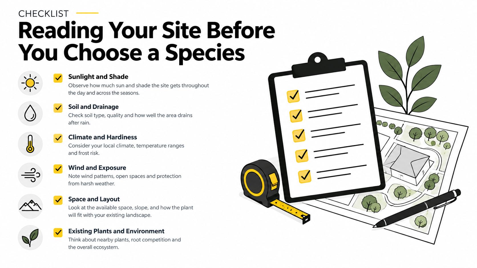 A checklist illustrating essential environmental factors to consider when choosing trees and shrubs for landscape planting.