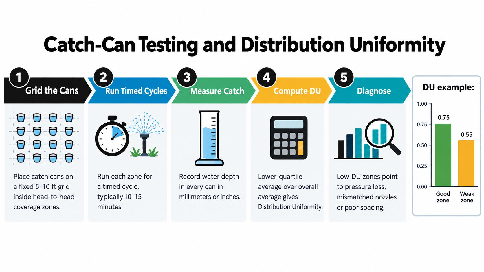 A five-step infographic showing how to perform a catch-can test to measure sprinkler system distribution uniformity.