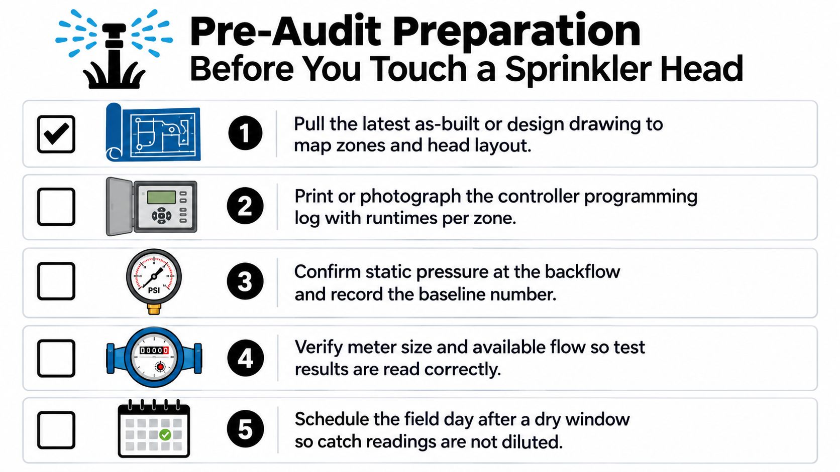 A checklist for landscape professionals outlining five essential steps to take before performing a sprinkler system audit.