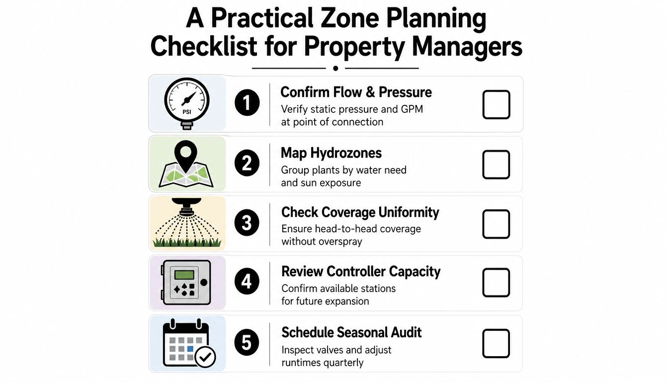 A five-step irrigation zone planning checklist designed for property managers to maintain efficient sprinkler systems.