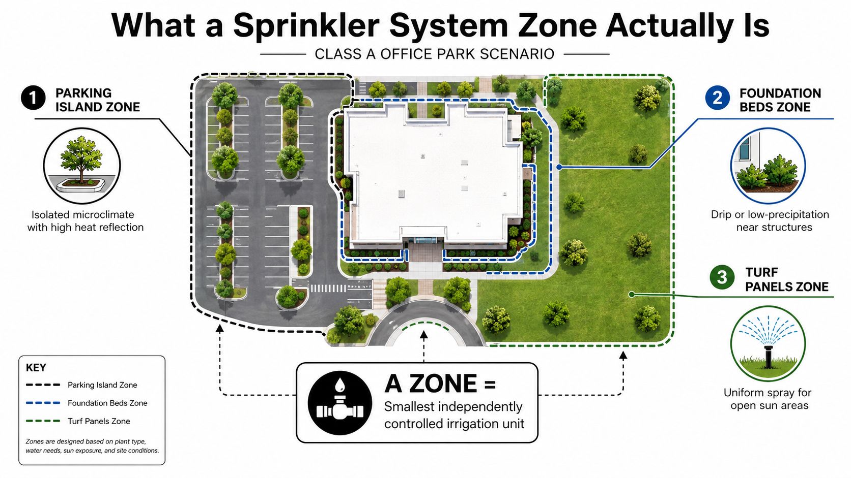 A diagram illustrating three distinct irrigation zones in a professional office park landscape design layout.