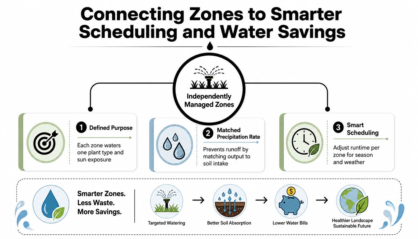 An infographic showing the benefits of independently managed sprinkler system zones for water conservation and healthier landscapes.