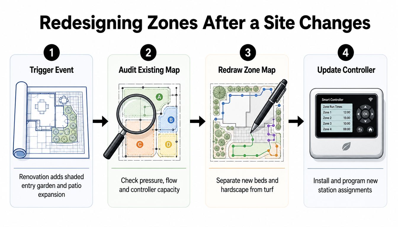 A four-step diagram showing the process of redesigning irrigation zones for a landscape after site renovations.