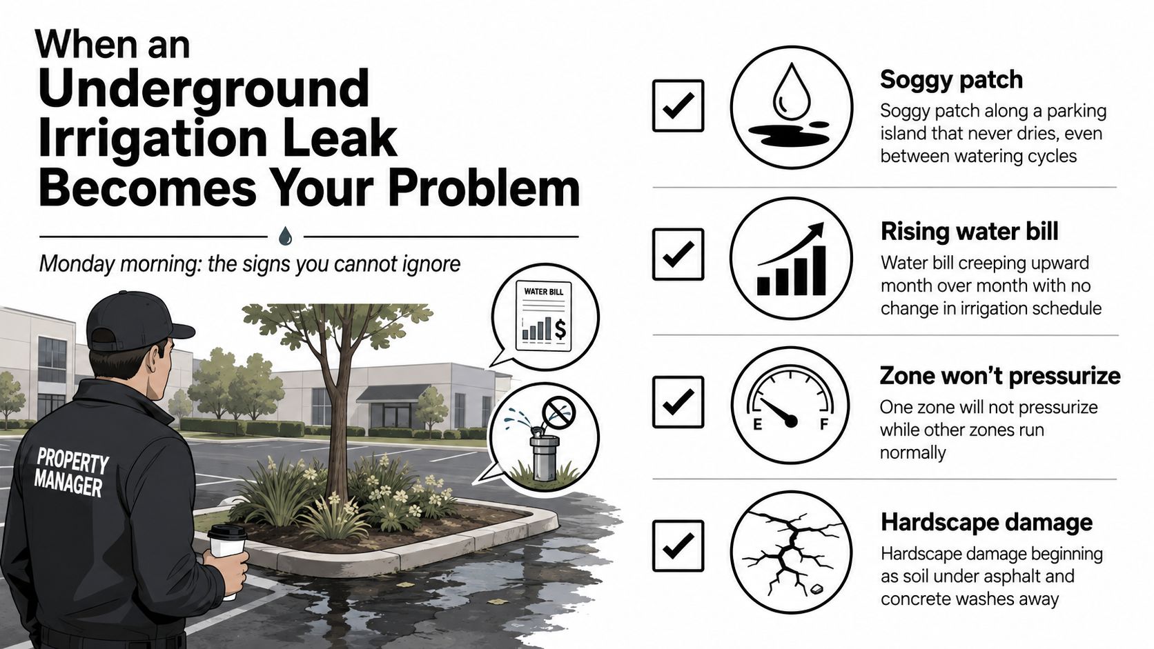 A property manager observing signs of an underground irrigation leak in a commercial parking lot landscape.