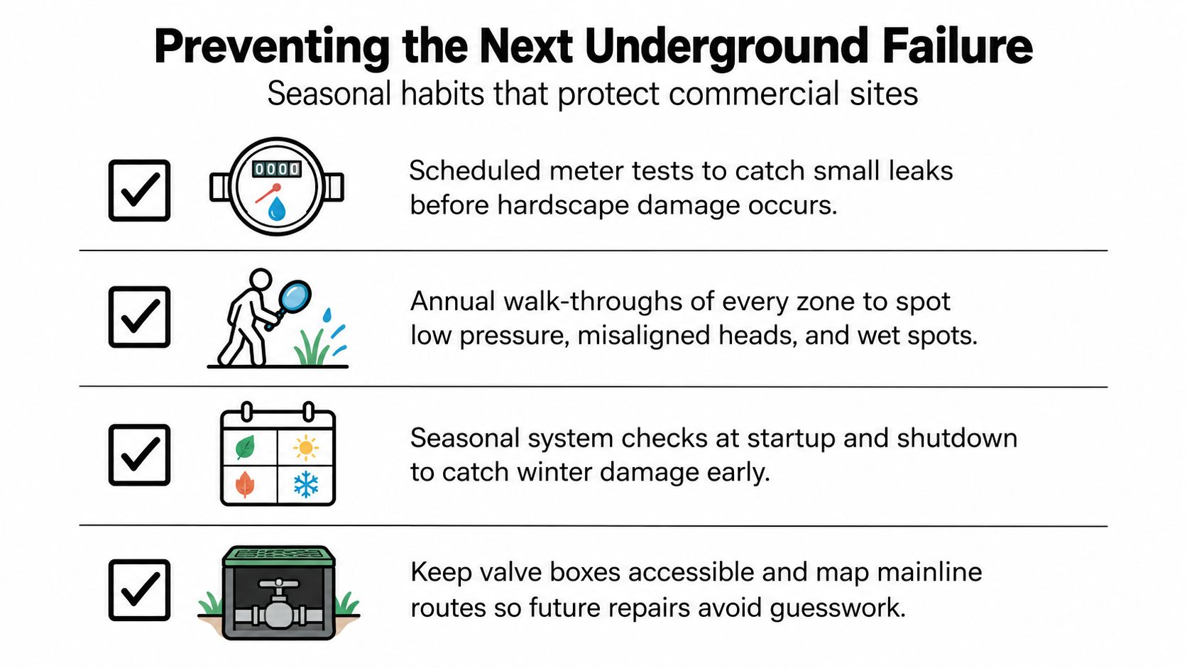 A checklist infographic titled Preventing the Next Underground Failure with four tips for irrigation system maintenance.