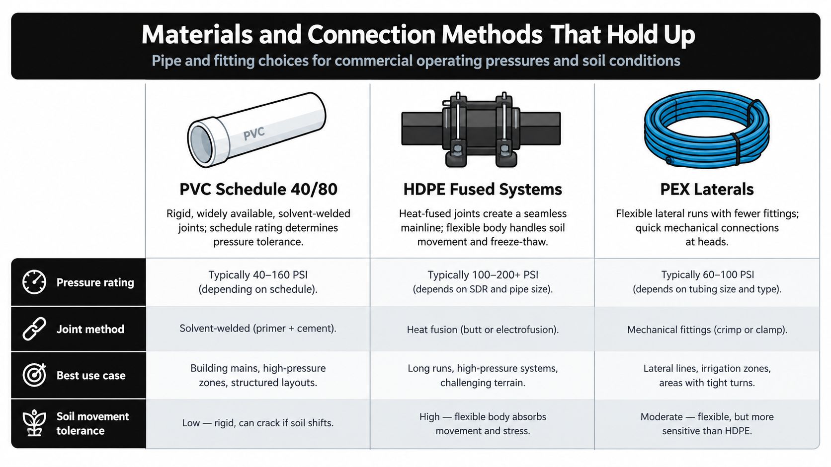 A comparison chart of PVC, HDPE, and PEX piping systems for commercial underground irrigation and pressure infrastructure.